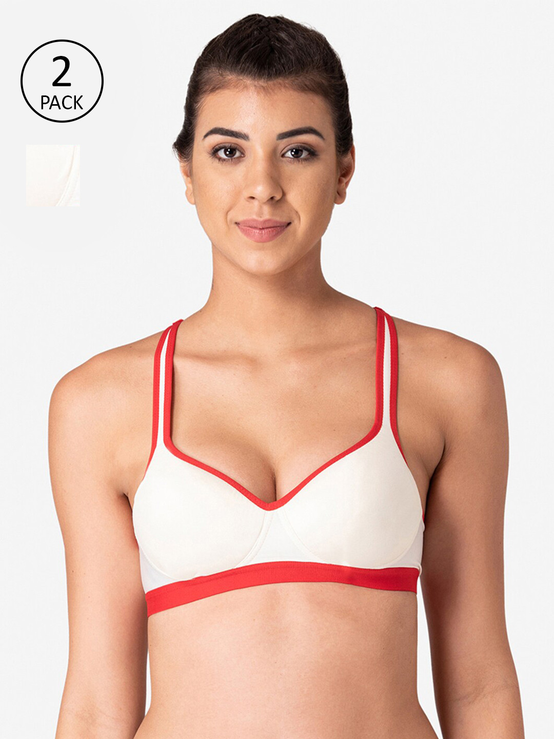 KOMLI Pack of 2 Off White & Red Lightly Padded Workout Bras K-9411-2PC-OFFW