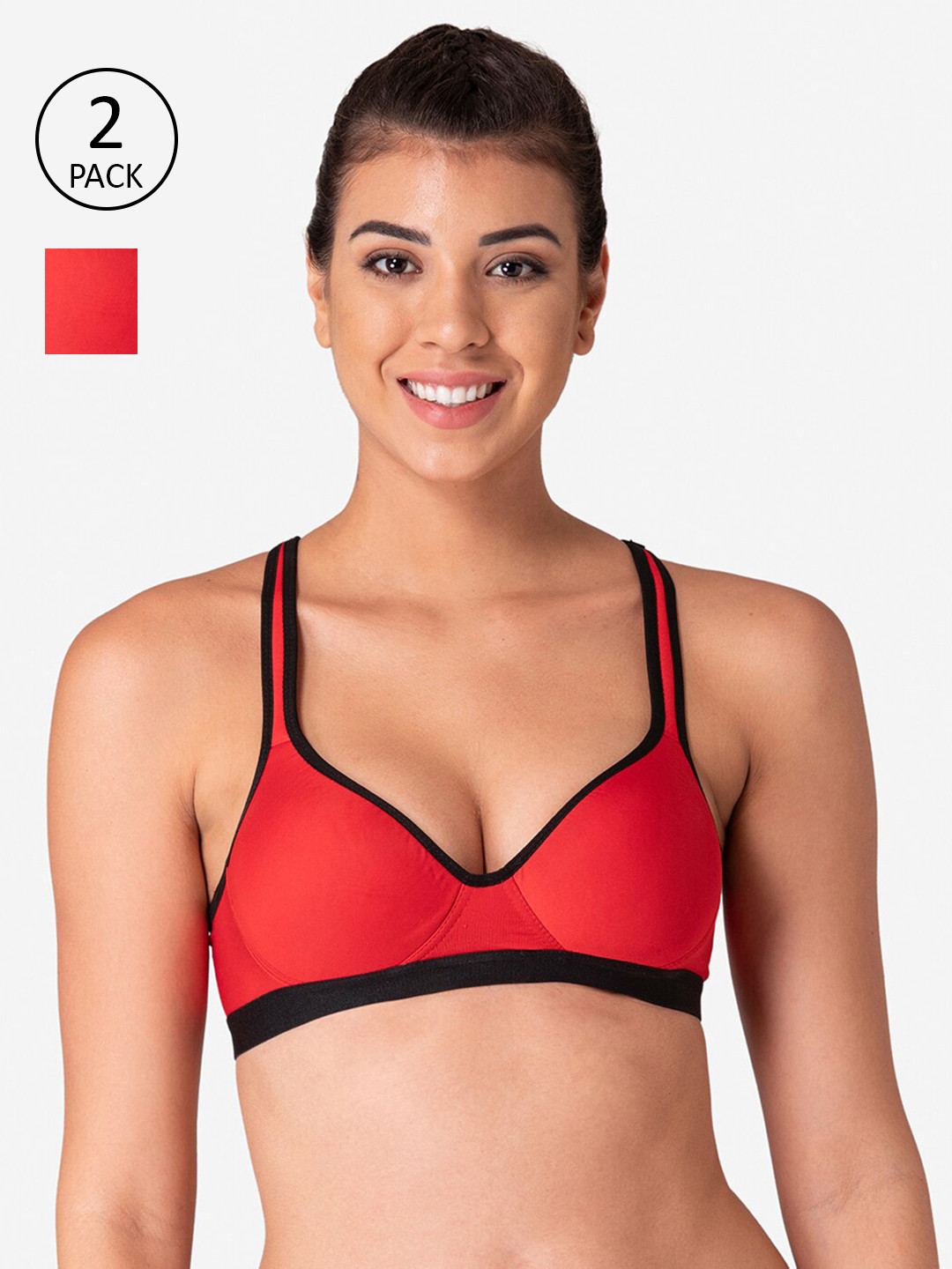 KOMLI Pack Of 2 Red & Black Workout Bra Lightly Padded