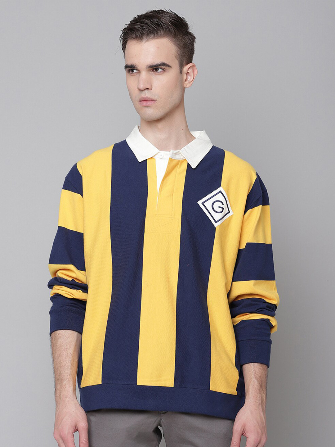 GANT Men Yellow & Navy Blue Colourblocked Polo Collar T-shirt