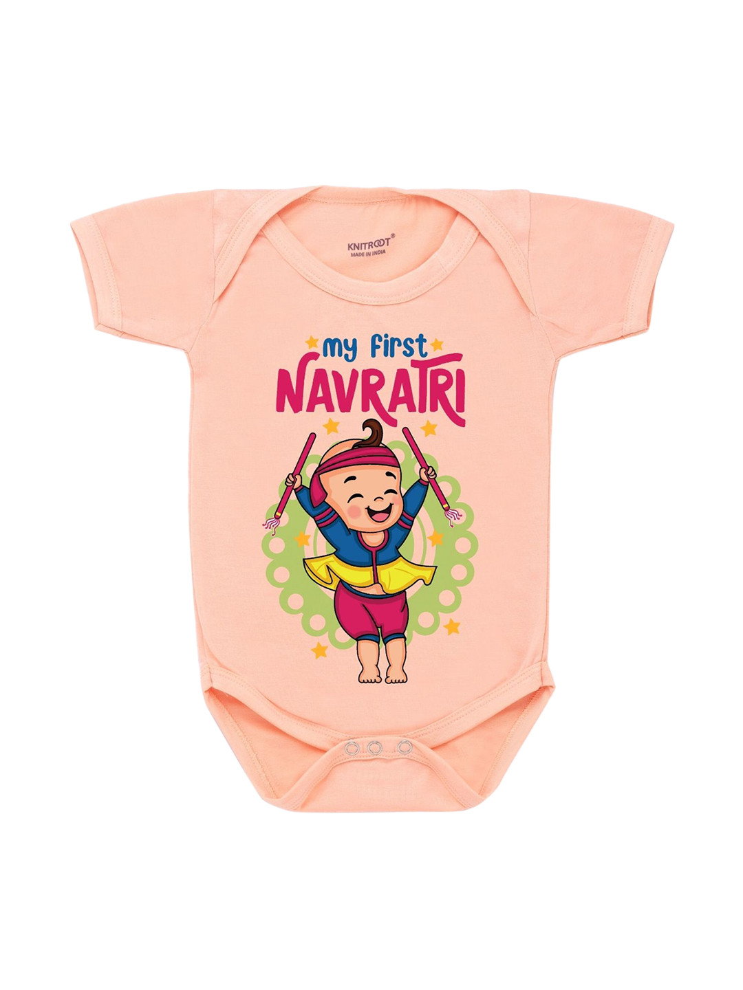 KNITROOT Boys Peach Cotton My First Navratri Boy Baby Romper