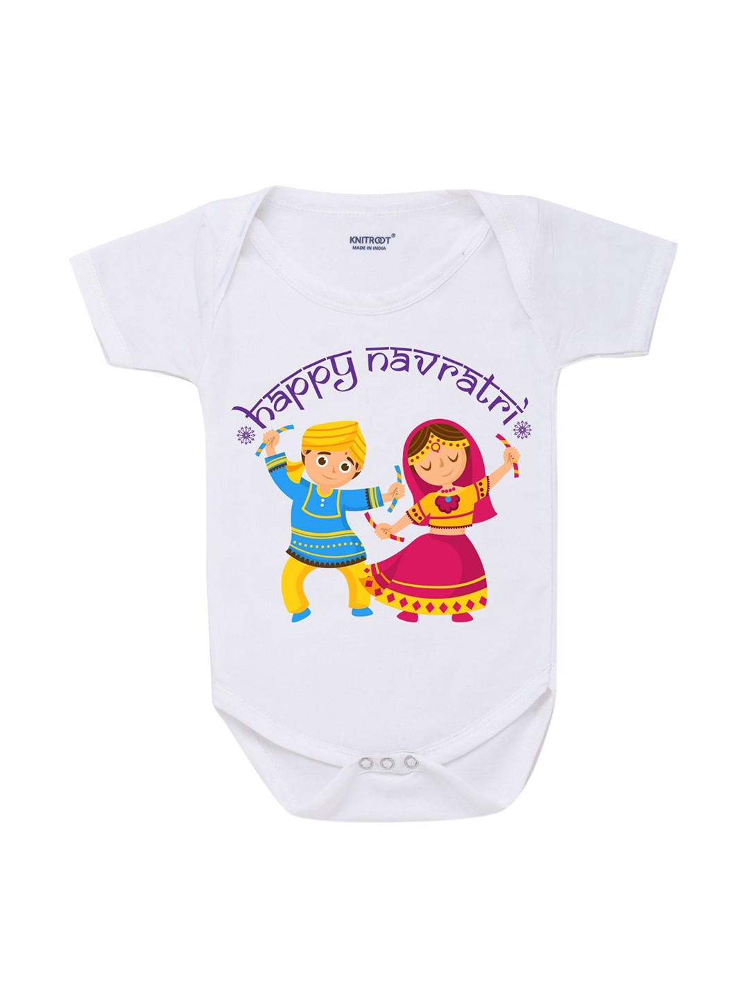 KNITROOT Infant Kids White Cotton Happy Navratri Dance Baby Romper