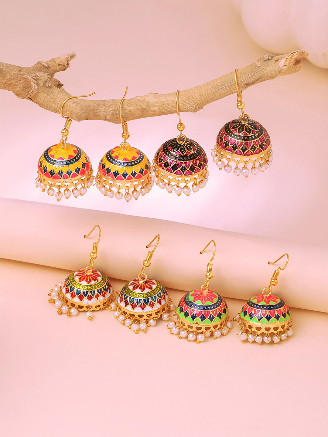 Yellow Chimes Set of 4 Golden Meenakari Jhumka Earrings