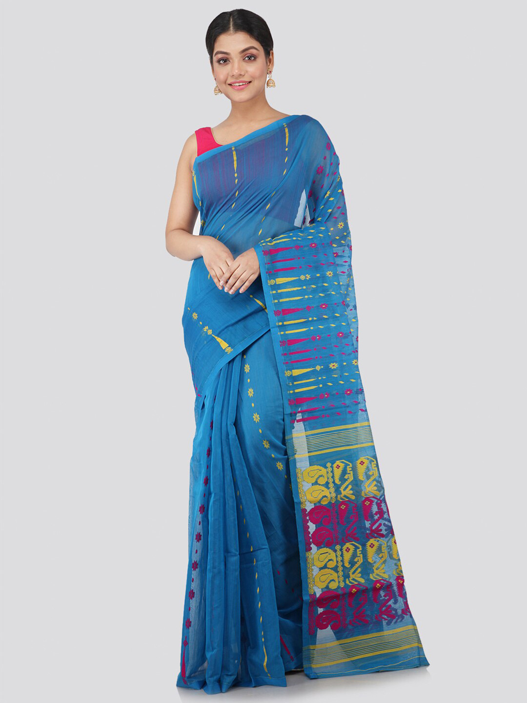 PinkLoom Blue & Pink Kalamkari Pure Cotton Jamdani Sustainable Saree