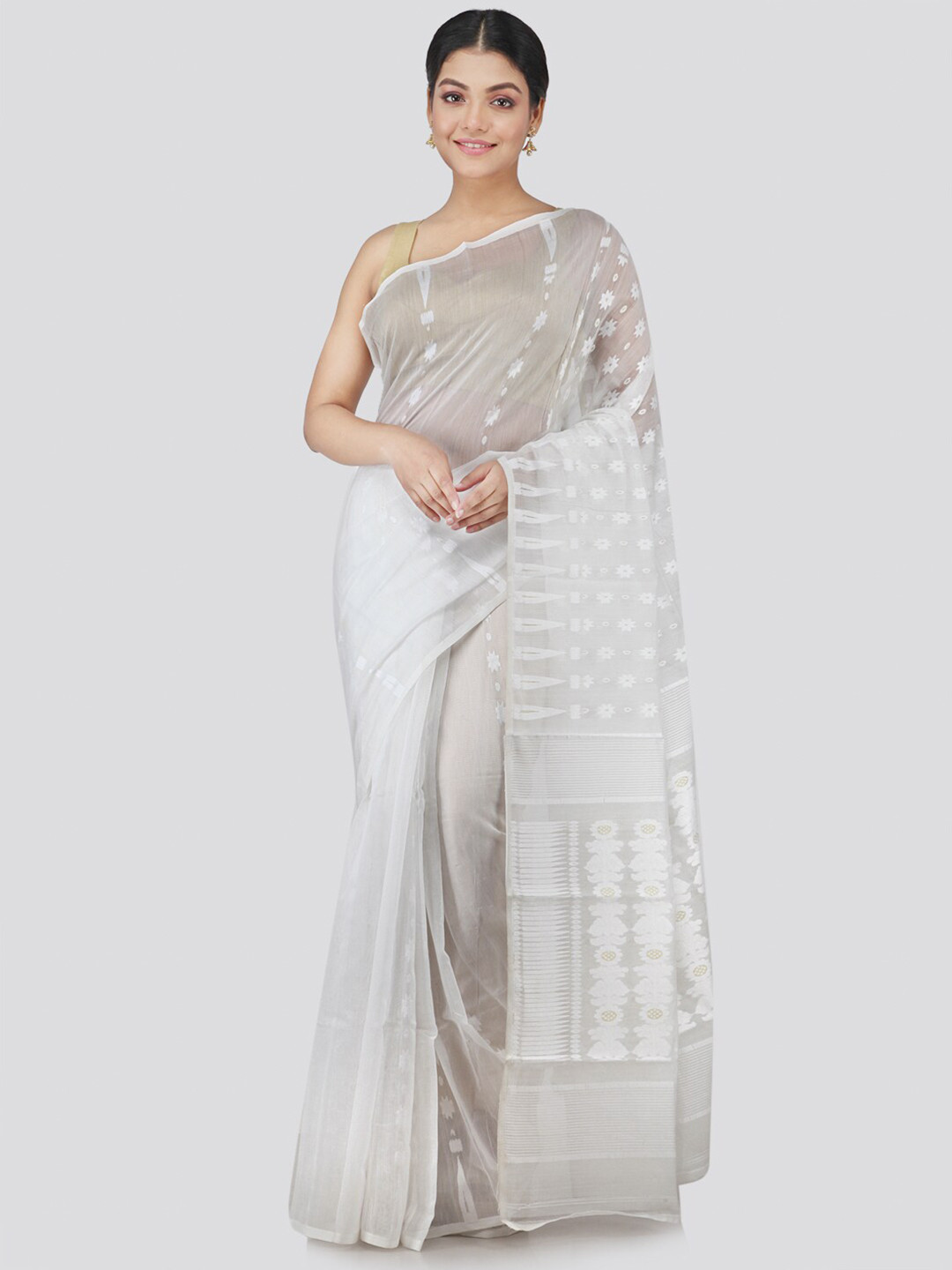 PinkLoom Grey & White Floral Pure Cotton Jamdani Saree