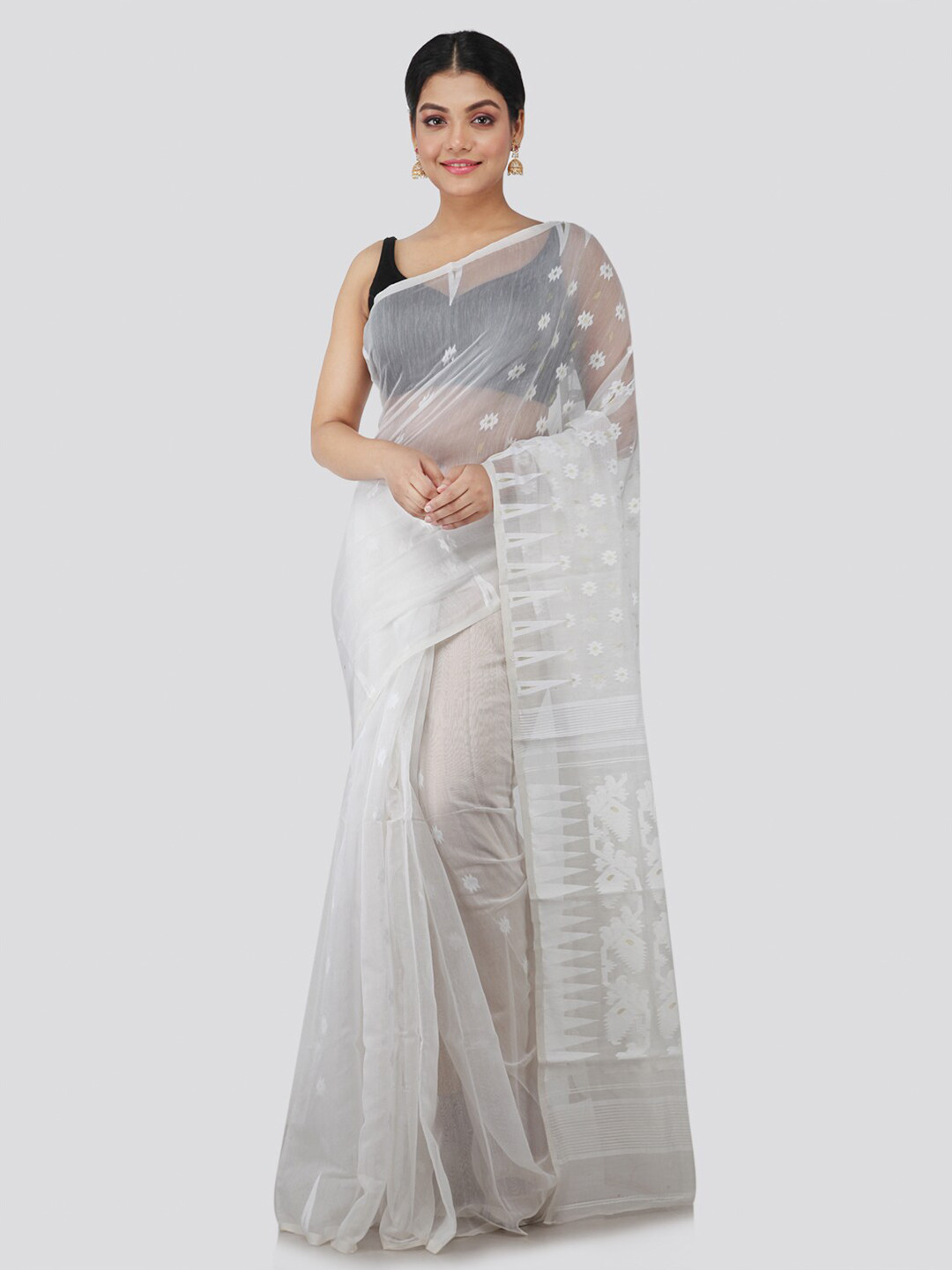 PinkLoom White & Gold-Toned Woven Design Pure Cotton Jamdani Saree