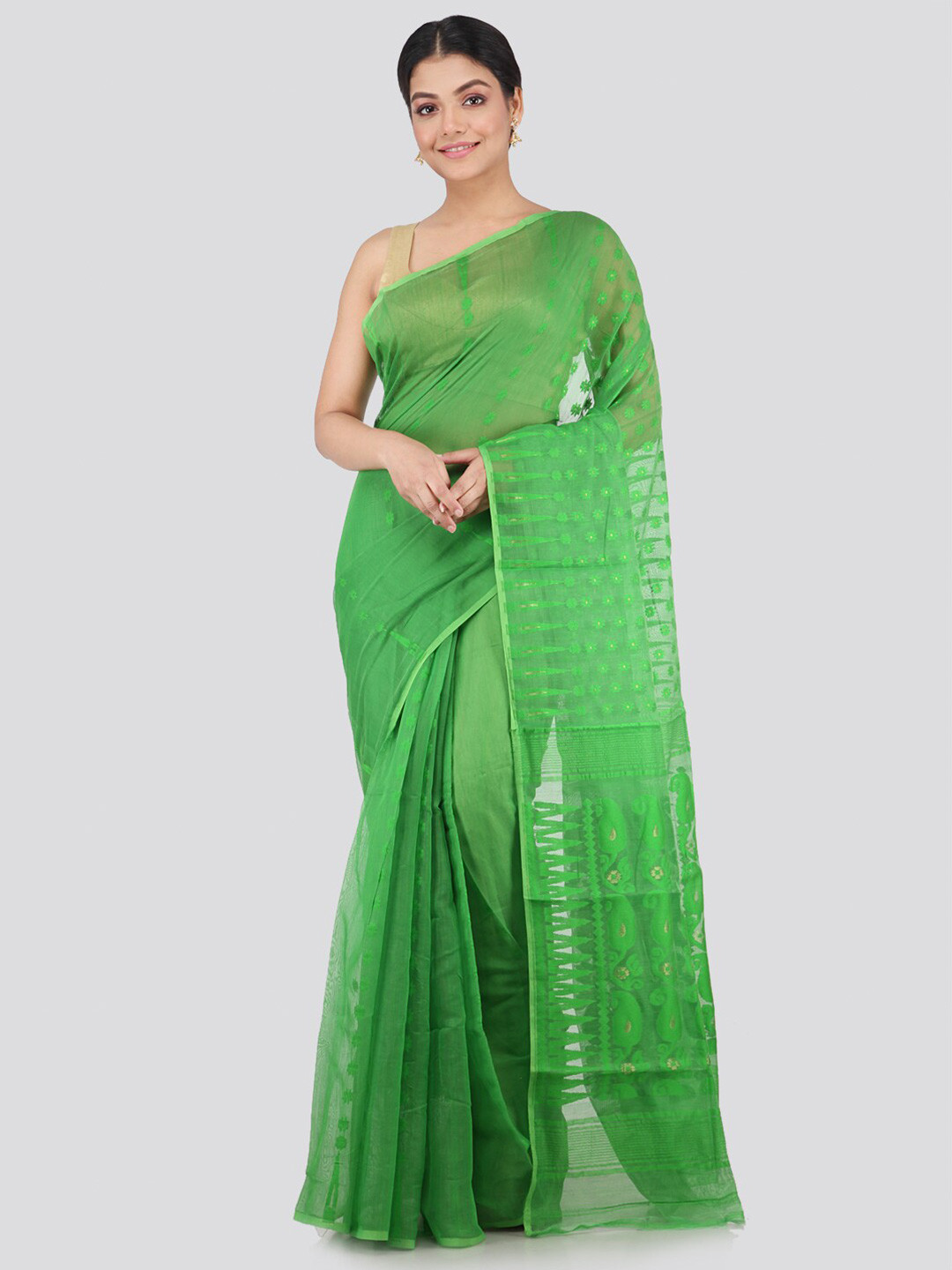 PinkLoom Green Floral Pure Cotton Jamdani Sustainable Saree