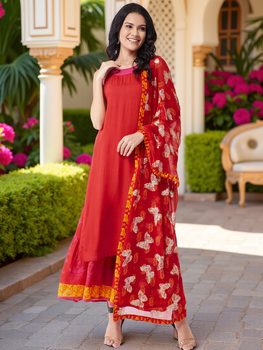 Pannkh Women Red Kurta with Sharara & With Dupatta