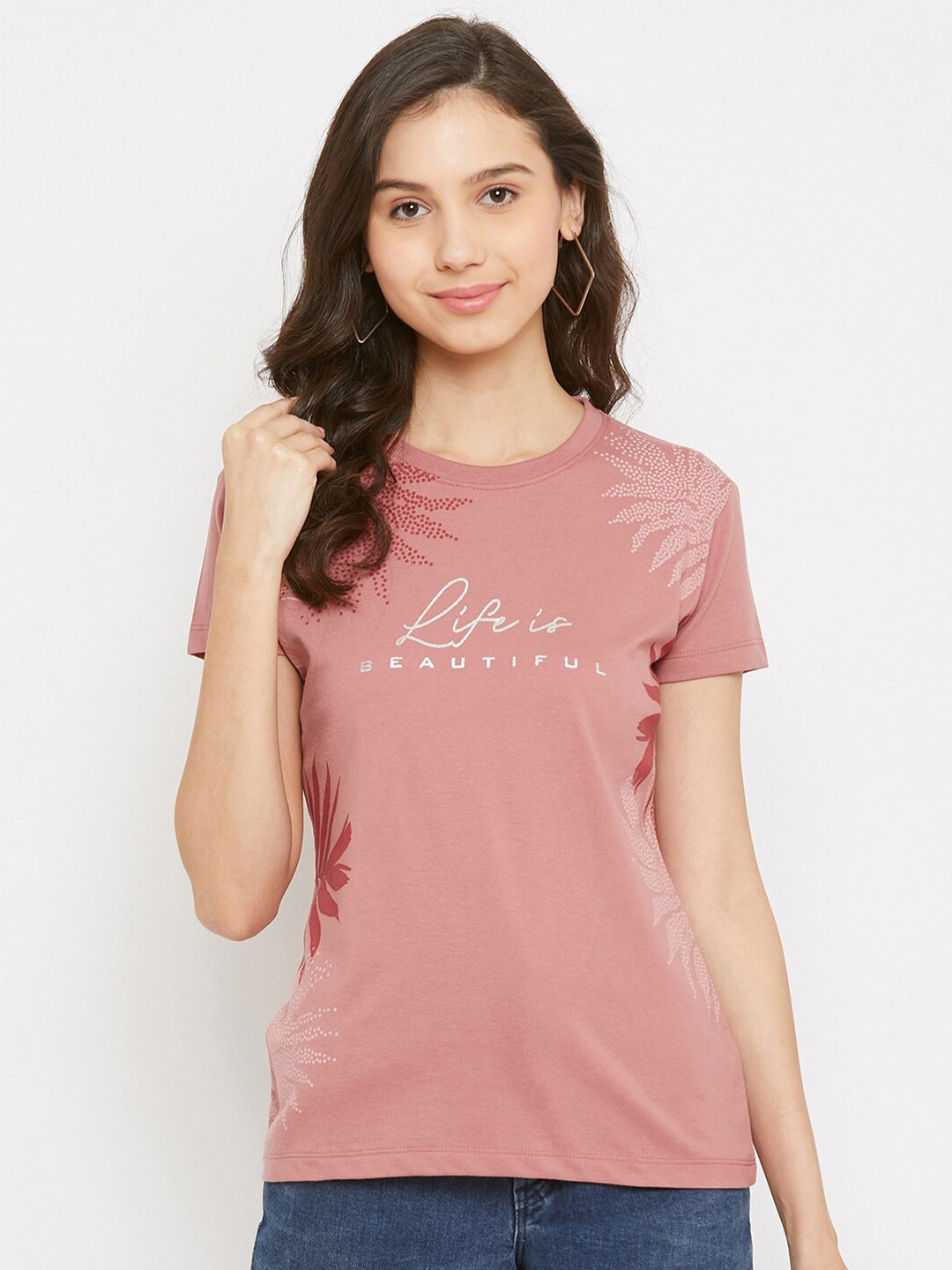 Plagg Women Pink Typography Printed T-shirt