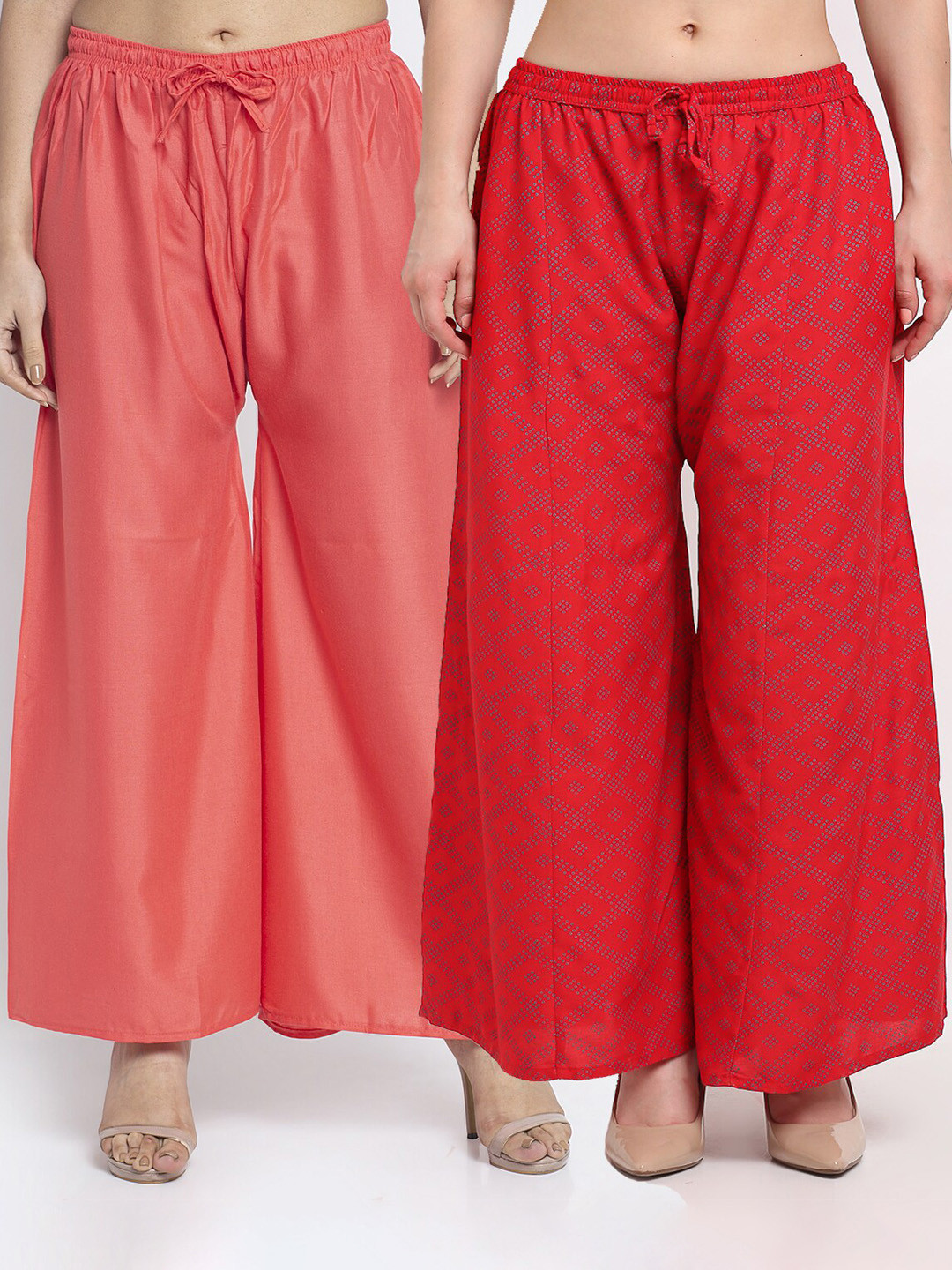 GRACIT Women Pack of 2 Peach-Coloured & Red Block Printed Ethnic Palazzos