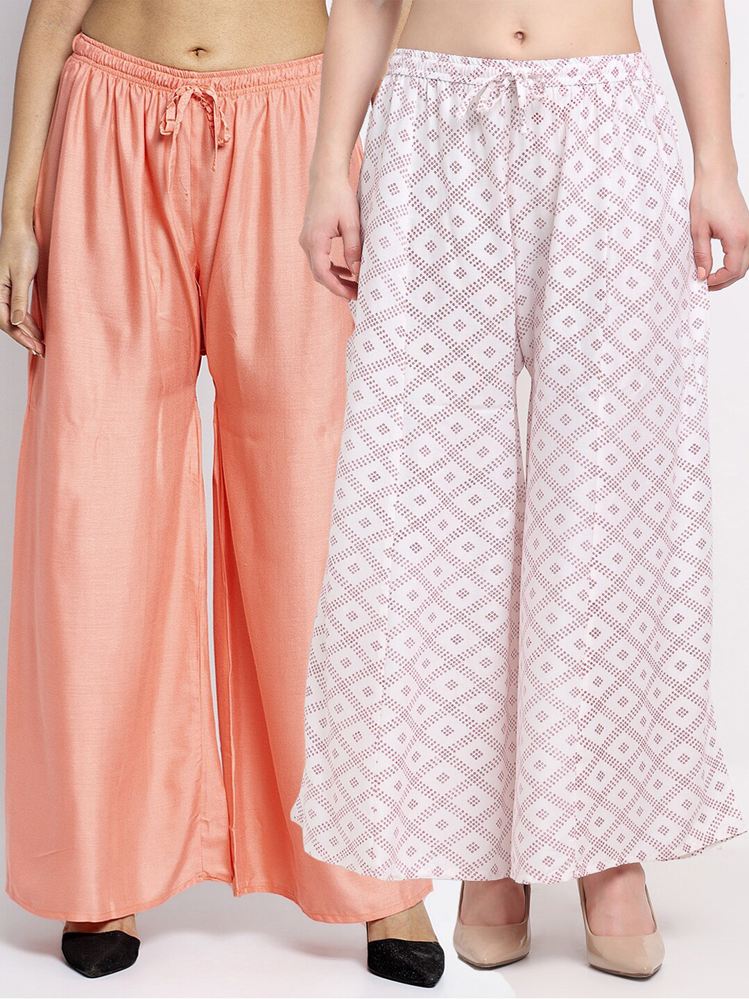 GRACIT Women Pack Of 2 Peach-Coloured & White Printed Flared Knitted Ethnic Palazzos