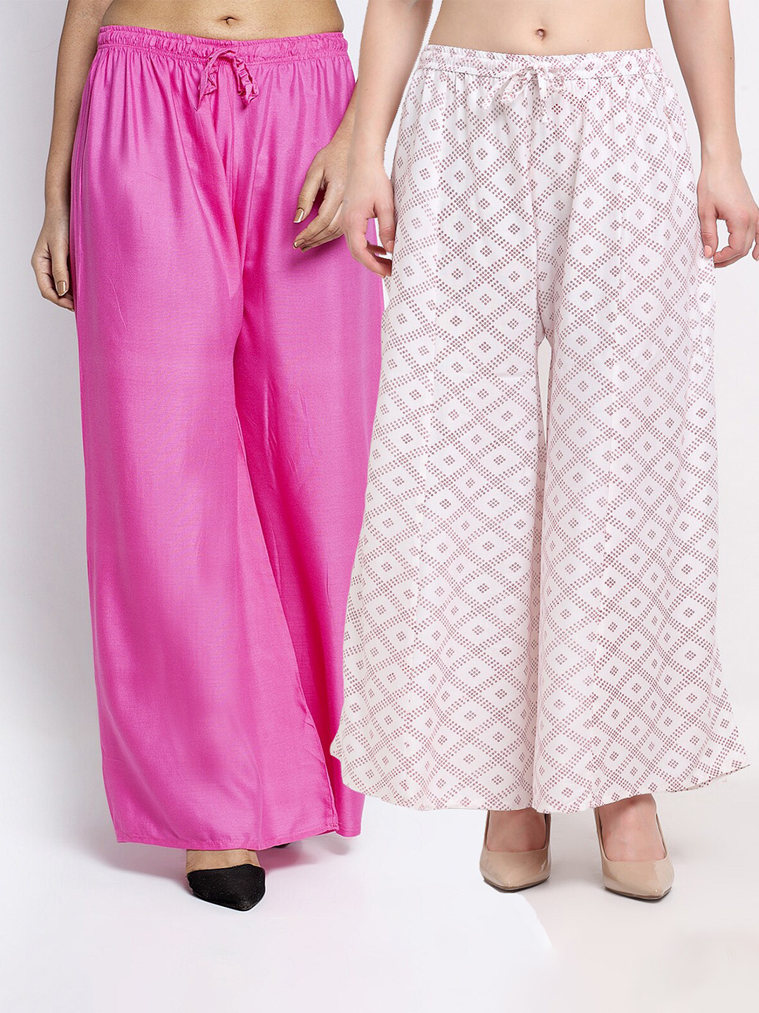 GRACIT Women Set pf 2 Pink & Off White Printed Knitted Palazzos
