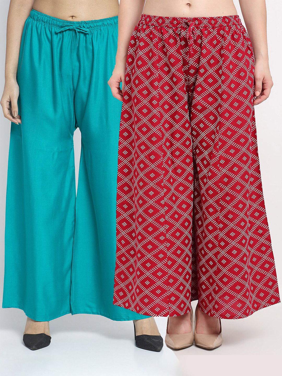 GRACIT Women Pack Of 2 Sea Green & Red Printed Knitted Ethnic Palazzos