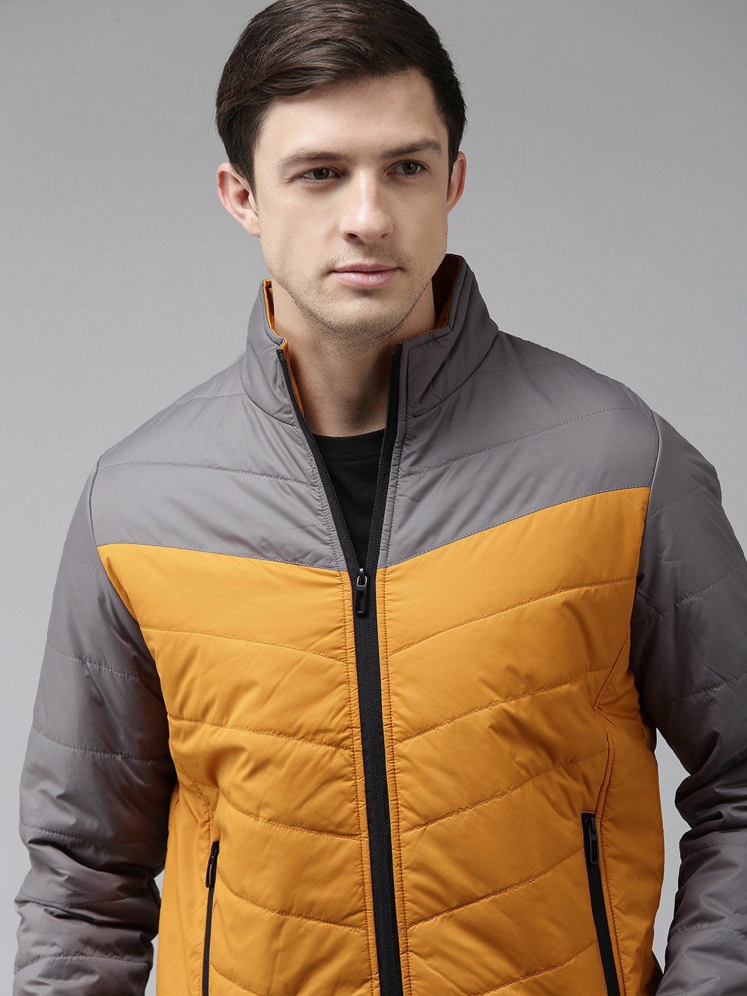 SPYKAR Men Grey & Mustard Yellow Colourblocked Padded Jacket