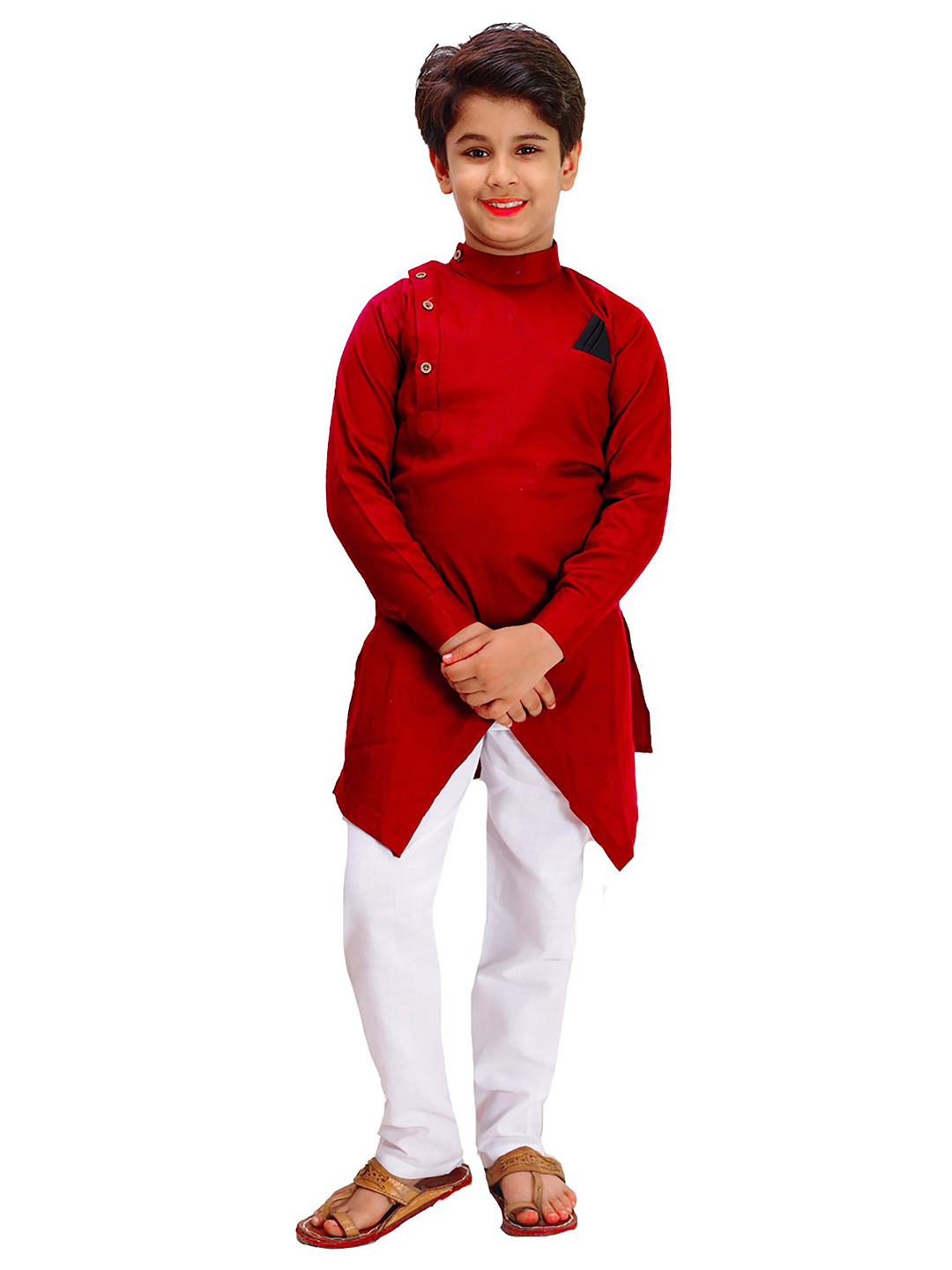 FOURFOLDS Boys Red & White Kurta With Pyjamas
