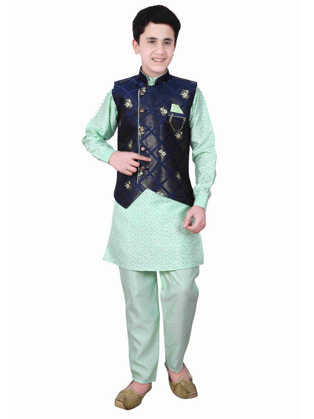 FOURFOLDS Boys Green & Navy Blue Kurta and Pyjamas with Waistcoat