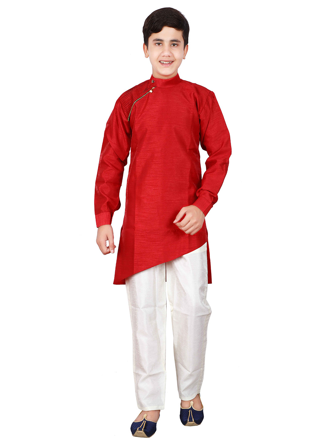 FOURFOLDS Boys Maroon & White Asymmetric Kurta With Pyjamas