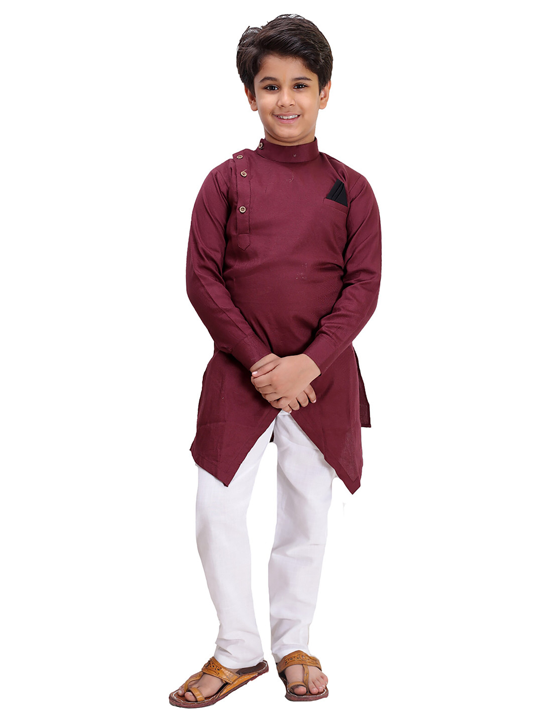 FOURFOLDS Boys Maroon & White Kurta & Pyjamas