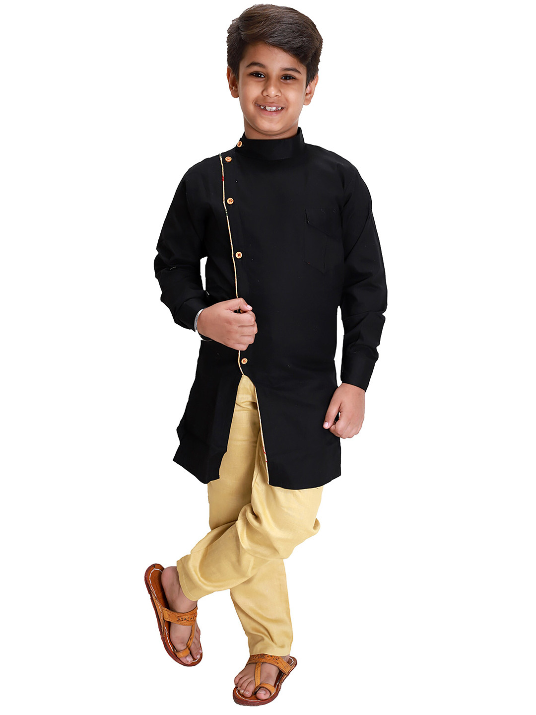 FOURFOLDS Boys Black & Beige Kurta with Pyjamas