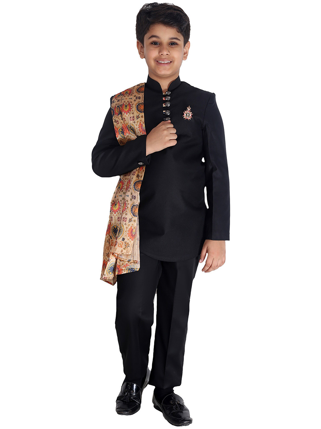 FOURFOLDS Boys Black & Beige Kurta With Trousers & Stole