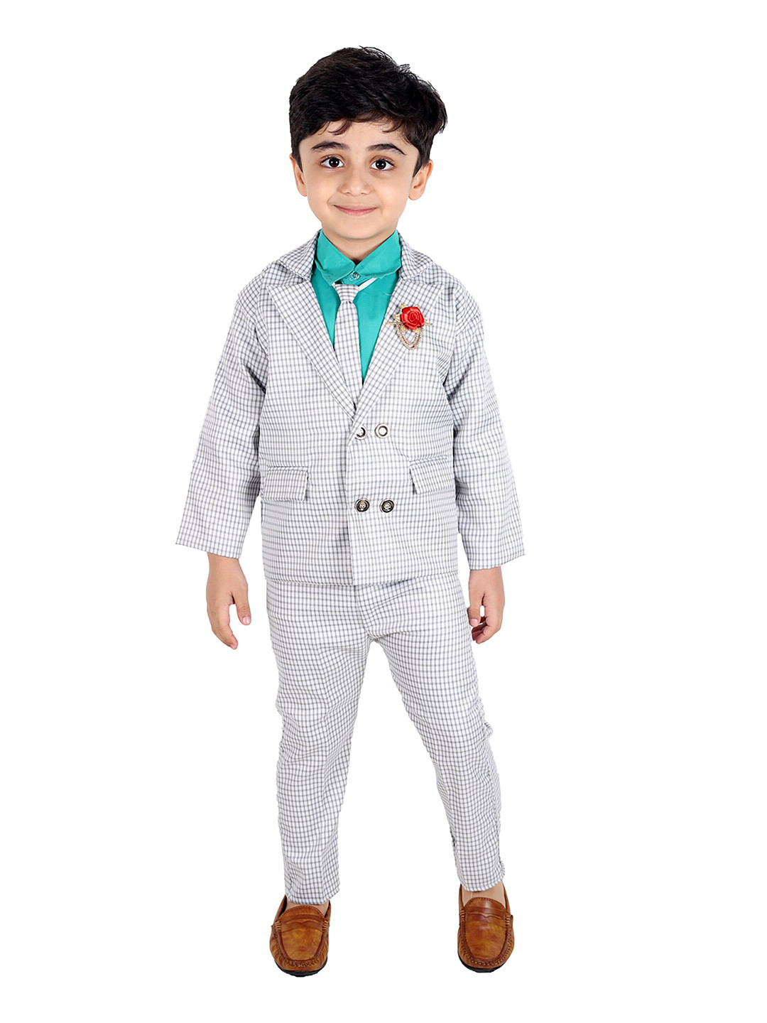 FOURFOLDS Boys Green & Grey Checked Shirt with Trousers