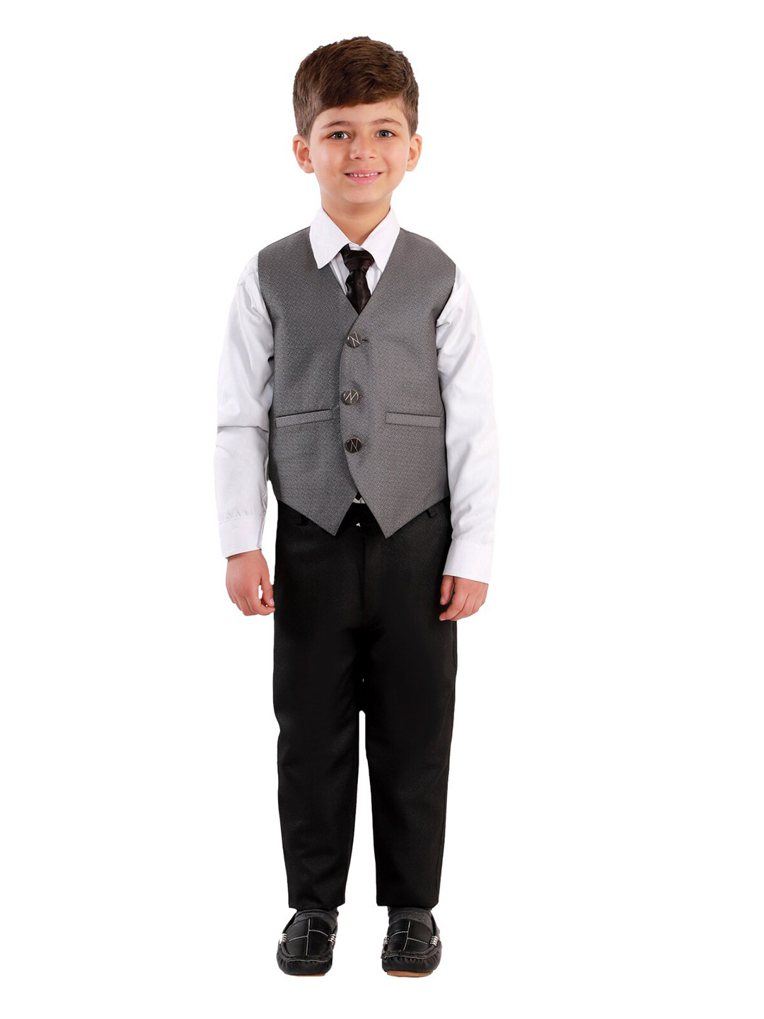 FOURFOLDS Boys Black  5 Piece Coat Suit