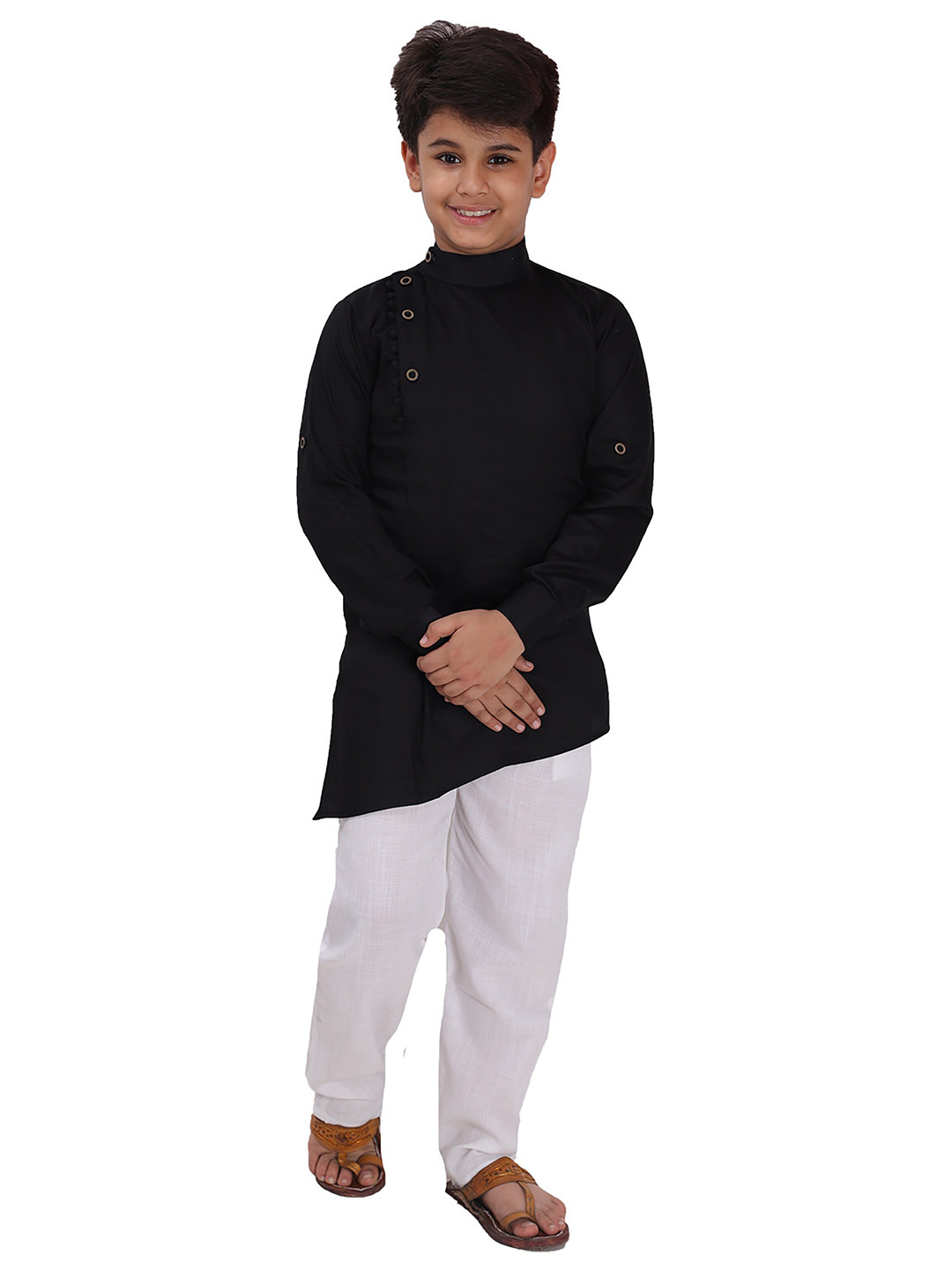 FOURFOLDS Boys Black & White Kurta with Pyjamas