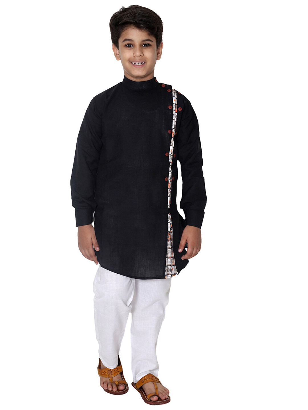 FOURFOLDS Boys Black & White Kurta With Trousers