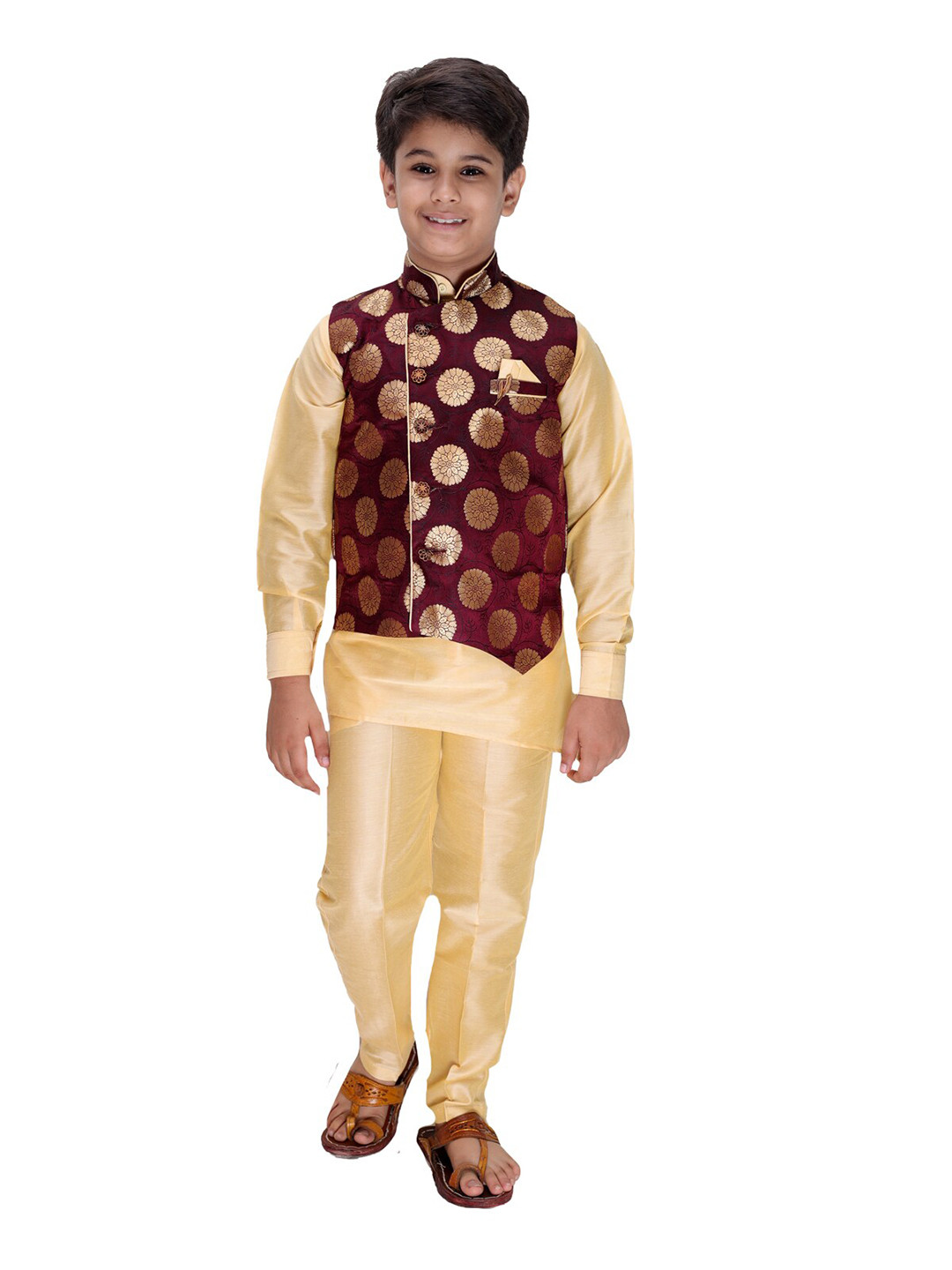 FOURFOLDS Boys Gold-Coloured & Maroon Kurta with Pyjamas & Waistcoat