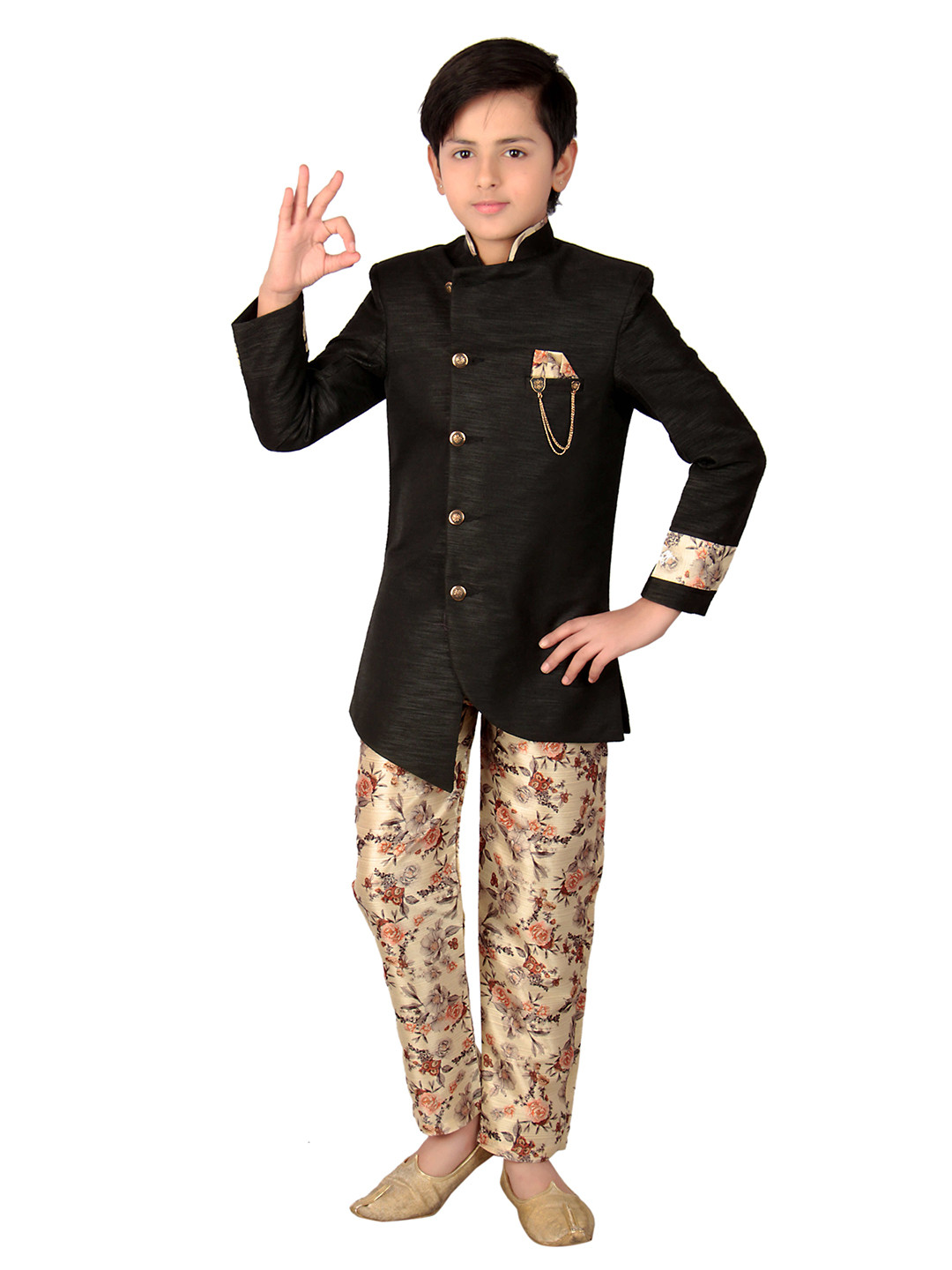 FOURFOLDS Boys Black & Beige Indo Western Kurta & Pant Set