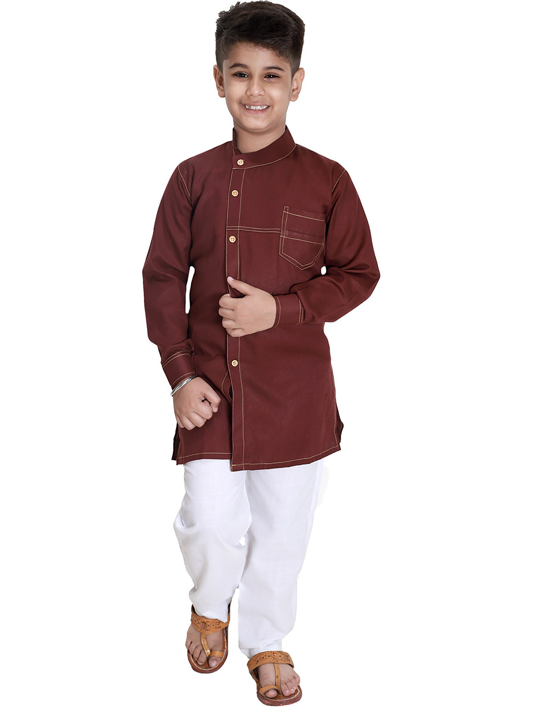 FOURFOLDS Boys Maroon Kurta Pyjama Set