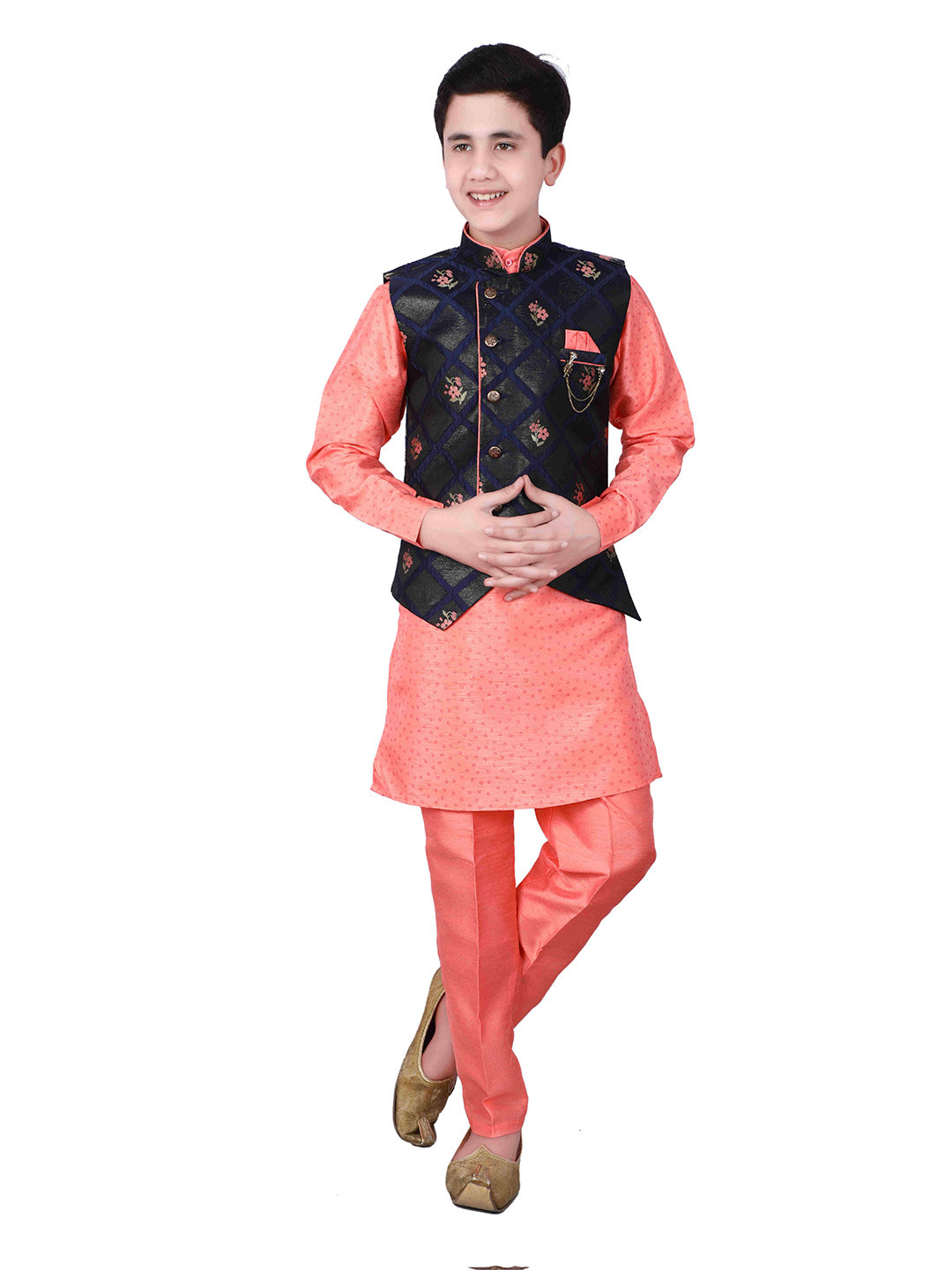 FOURFOLDS Boys Pink & Navy Blue Printed Pyjamas Set with Waist Coat