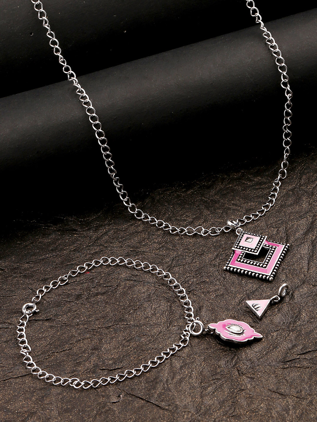 Voylla Womens Silver & Pink Shade Enameled Charms Pendant with Bracelet