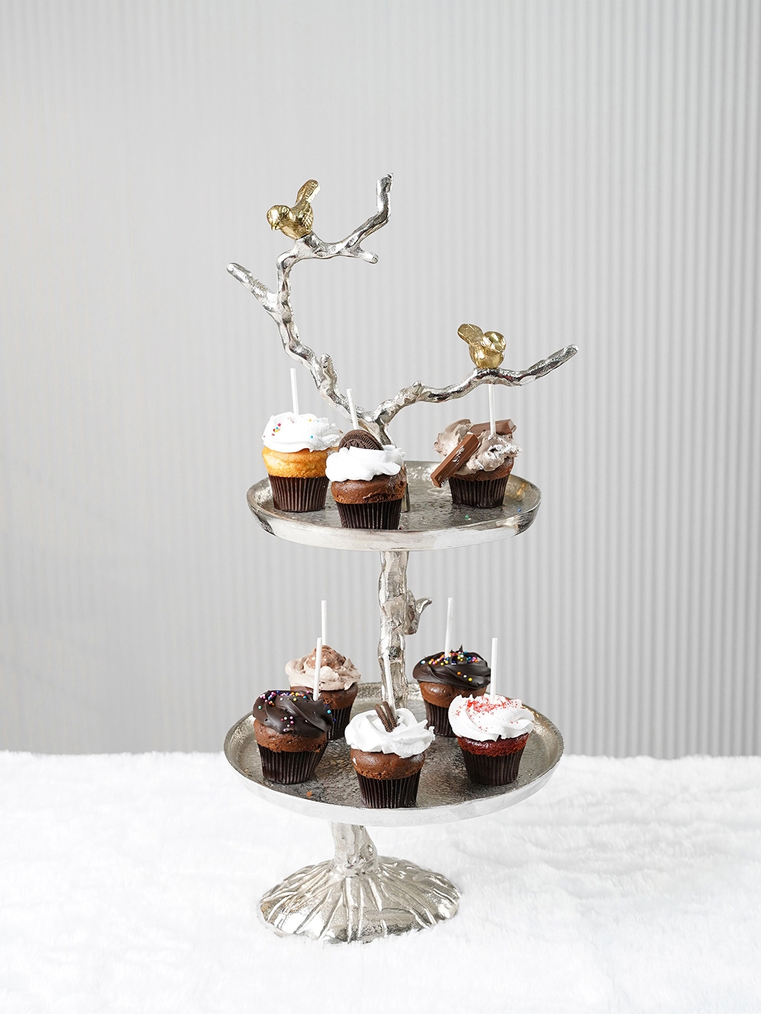 Folkstorys Silver-Toned 2 Tiered Branch Cake Serving Stand