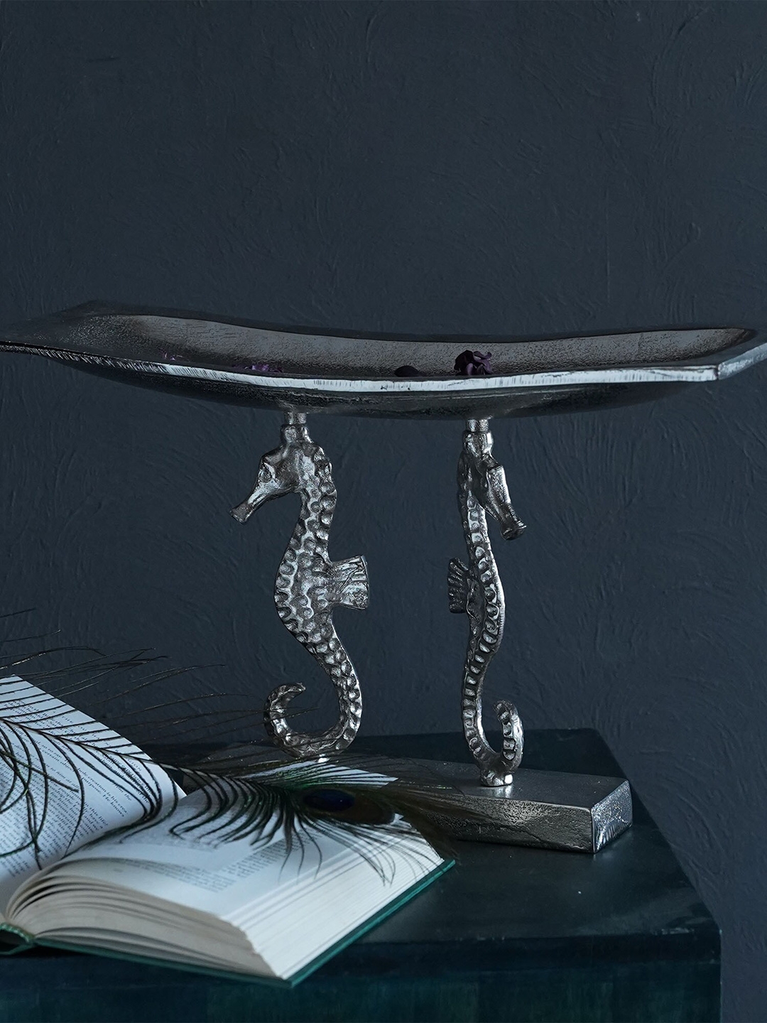 Folkstorys Silver-Toned Sea Horse Linear Decor Tray