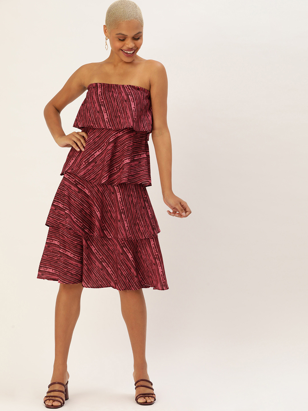 MELOSO Maroon & Pink Off-Shoulder Layered A-Line Midi Party Dress