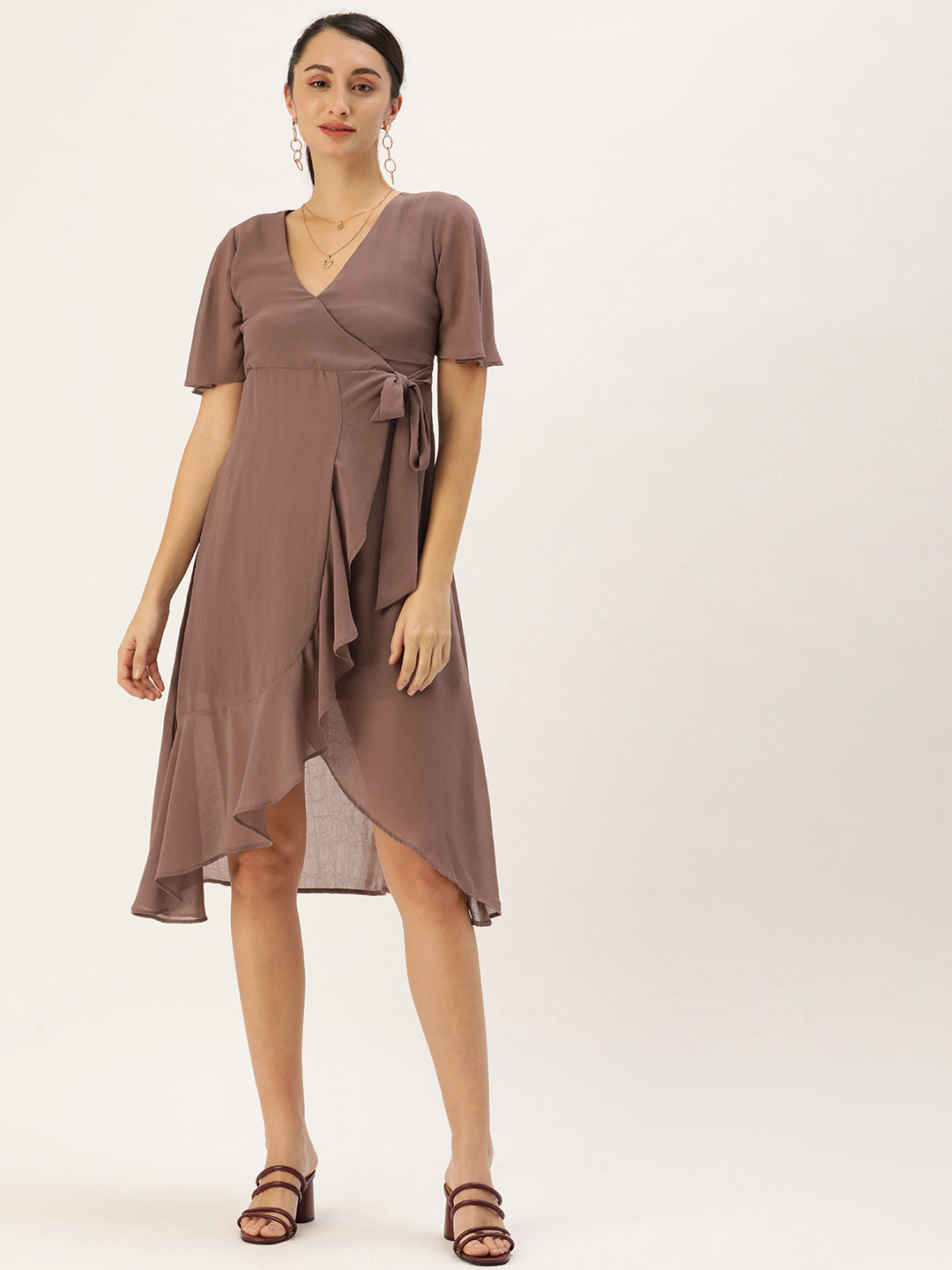 MELOSO Mauve Georgette Midi Dress With Frill & Knot Details