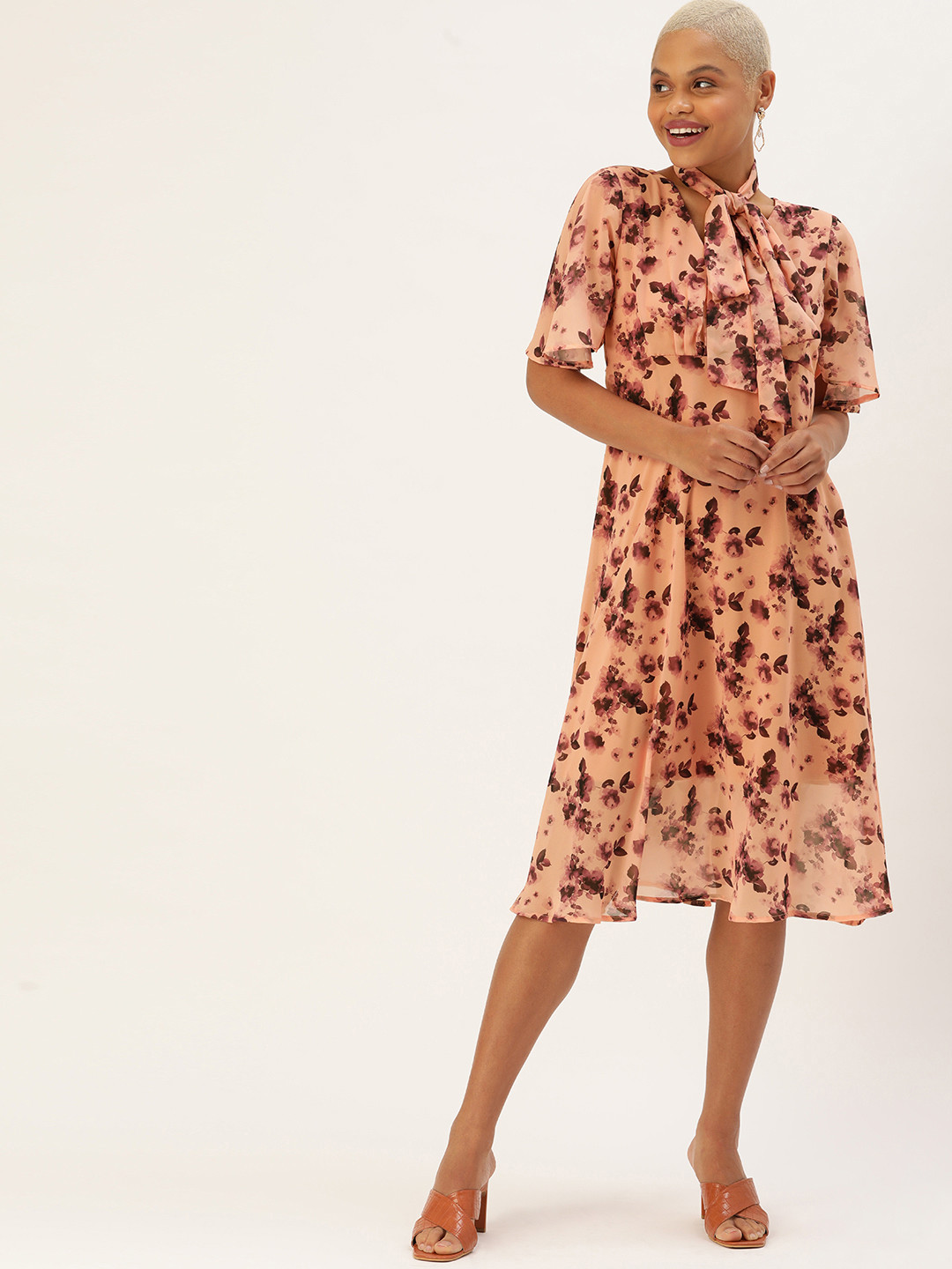 MELOSO Peach & Burgundy Floral Georgette A-Line Midi Dress with Belt Details
