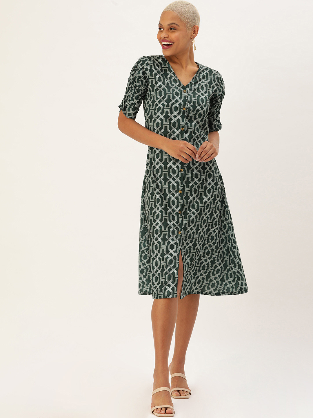 MELOSO Green & White Printed A-Line Midi Dress