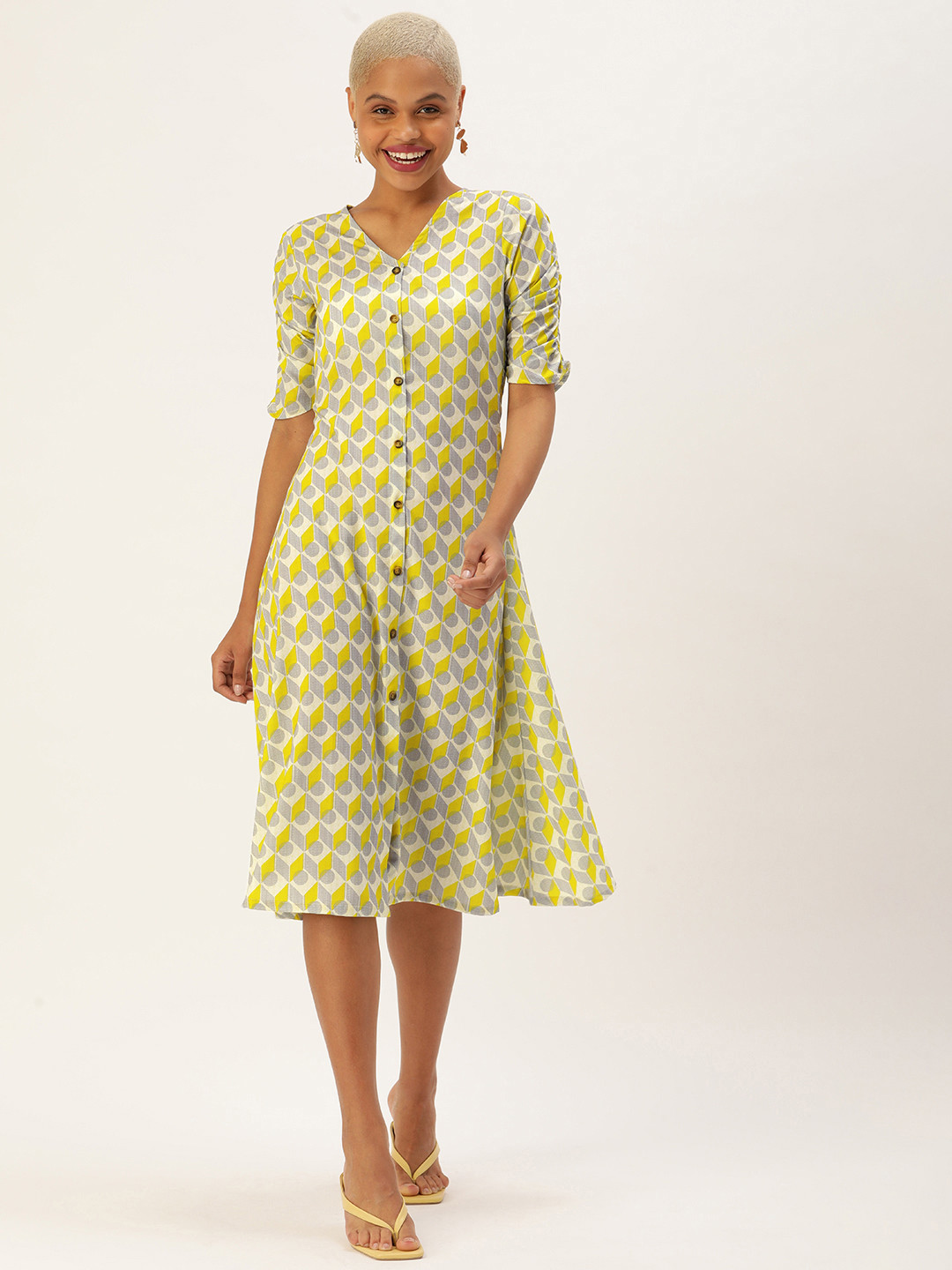 MELOSO Cream-Coloured & Yellow Printed A-Line Midi Dress