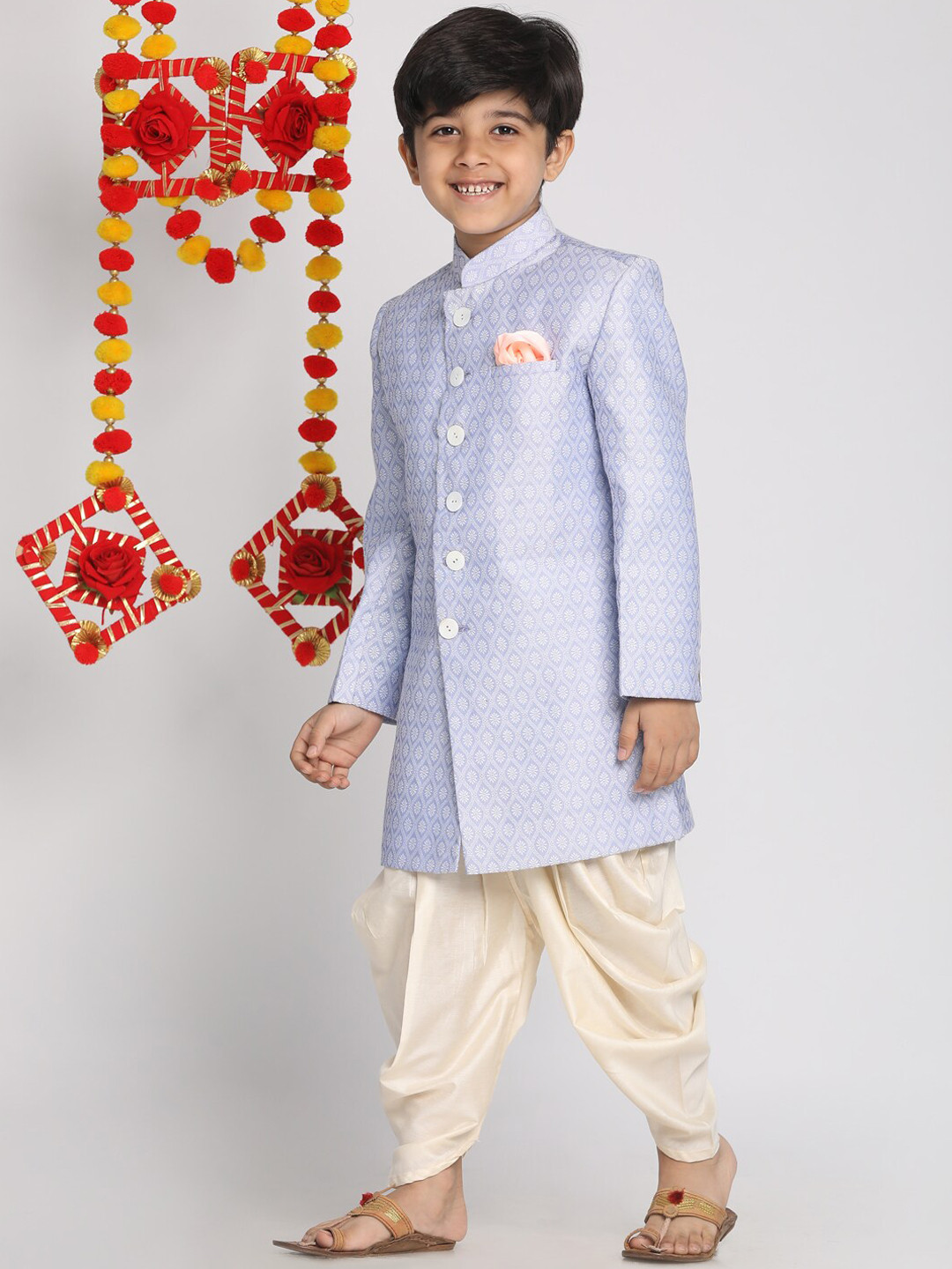 Vastramay Boys' Lavender And Cream Indowestern Sherwani and Cowl Dhoti Pant Set