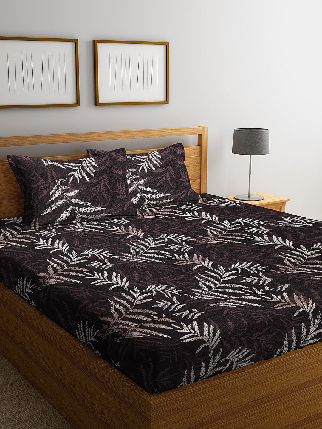 Arrabi Brown Floral Cotton 300 TC King Fine Bedsheet with 2 Pillow Covers-98 x 87 inches
