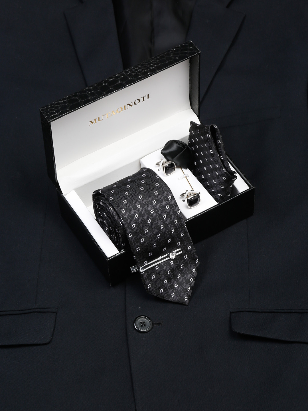 MUTAQINOTI Men Floral Black Silk Necktie Accessory Gift Set
