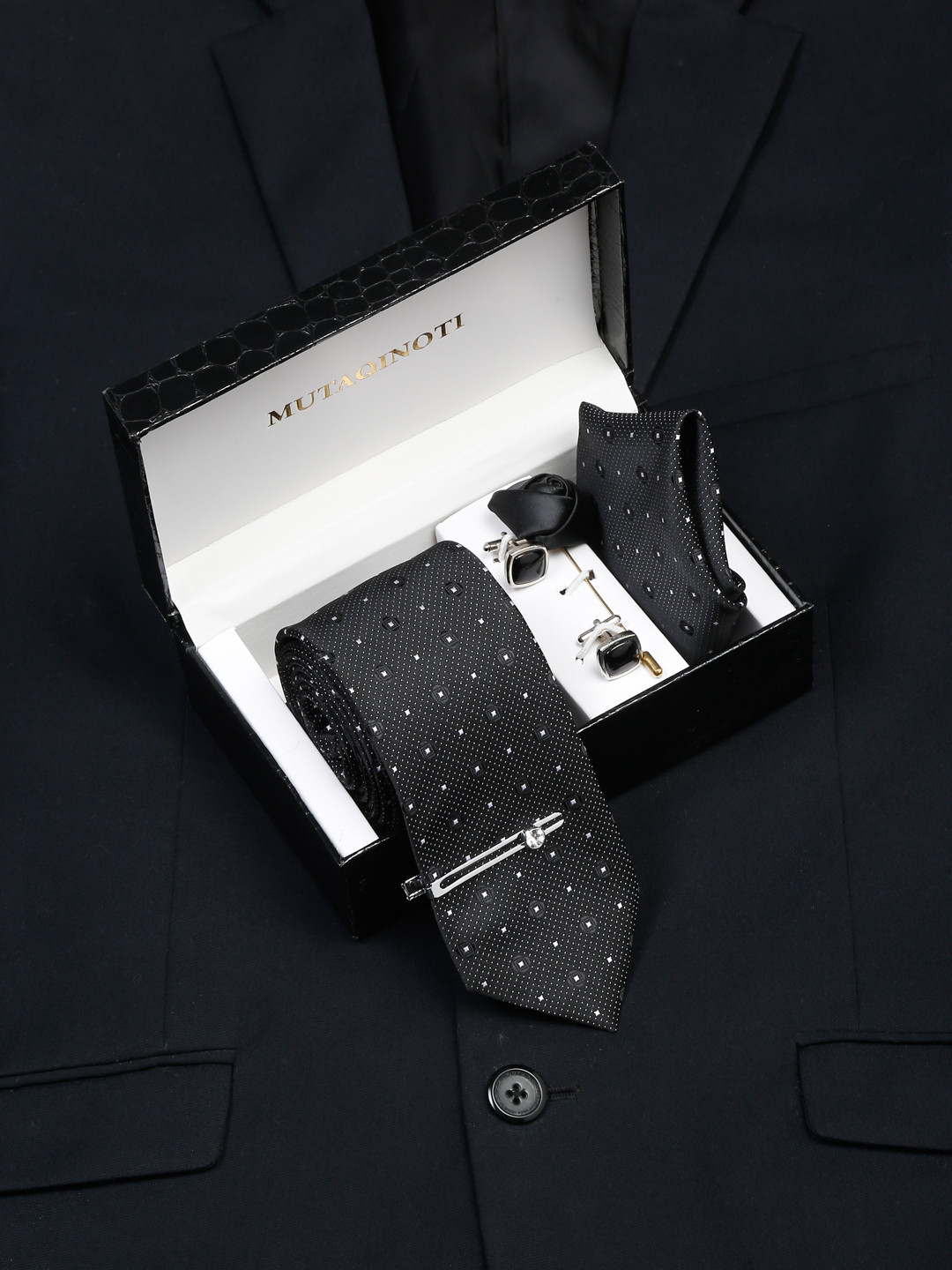 MUTAQINOTI Men Checkered Black Silk Necktie Accessory Gift Set