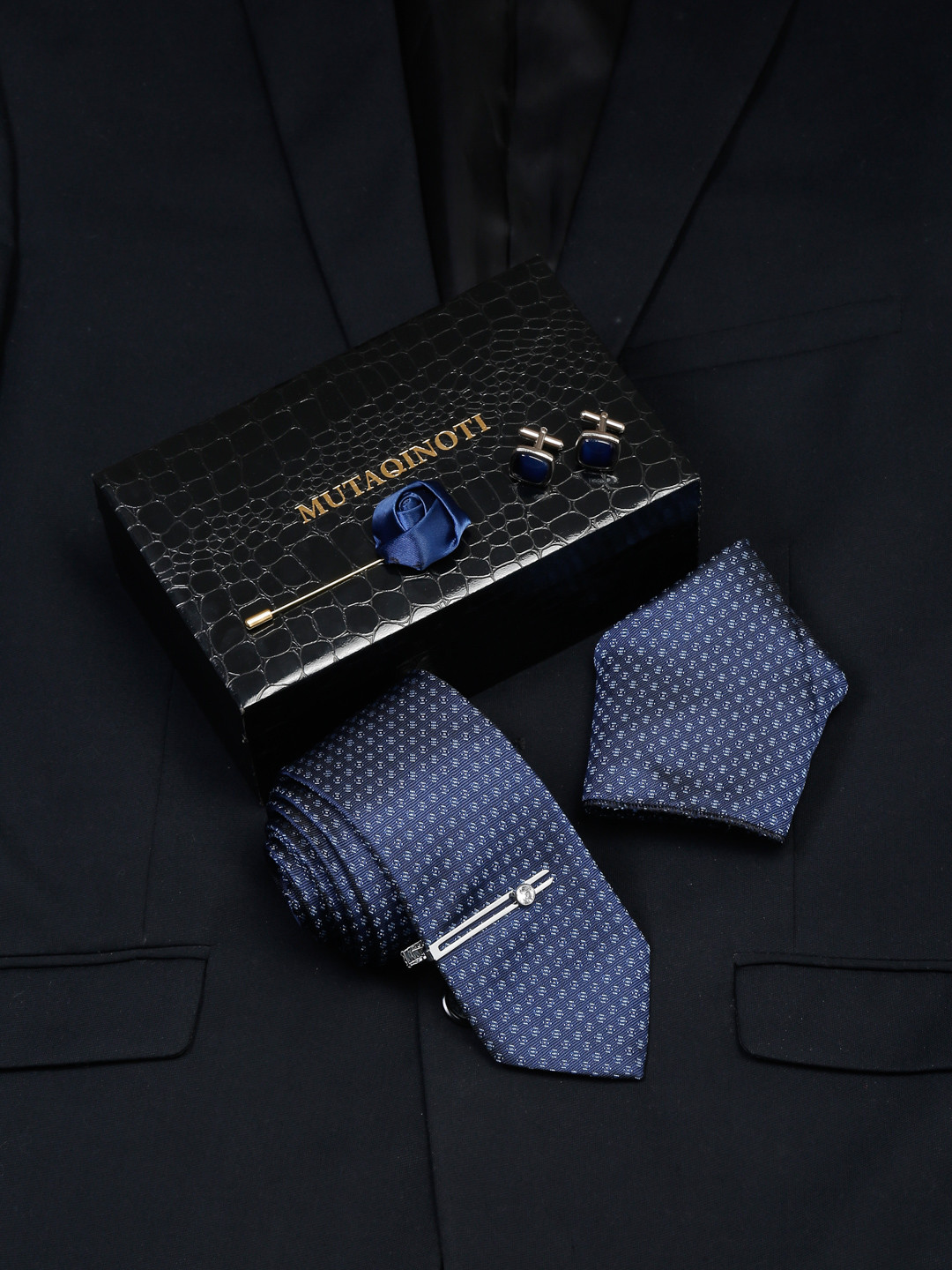MUTAQINOTI Men Pigeon Blue Silk Necktie Accessory Gift Set