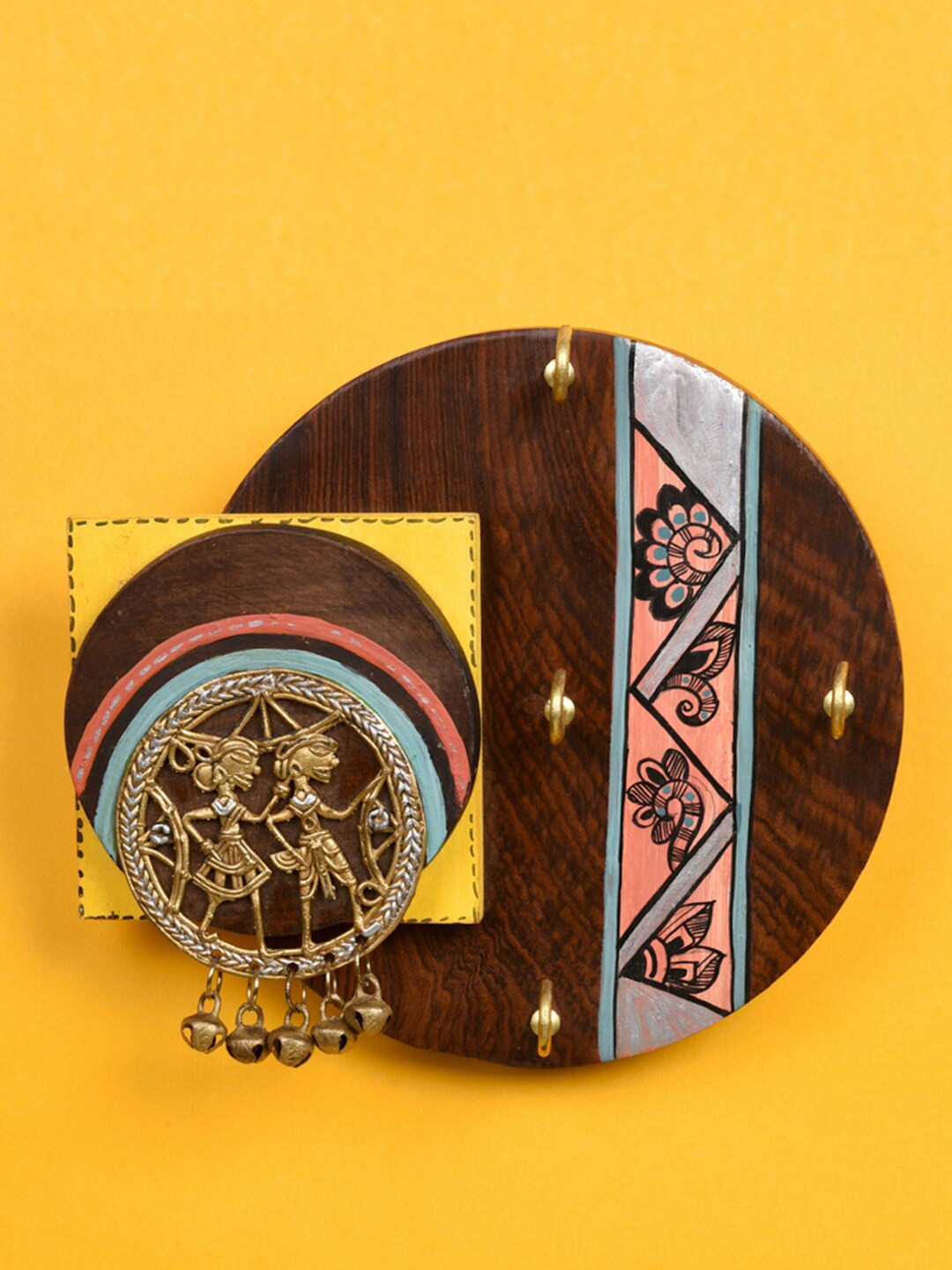 AAKRITI ART CREATIONS Brown Handcrafted Madhubani Dhokra Key Holder With 4 Hooks