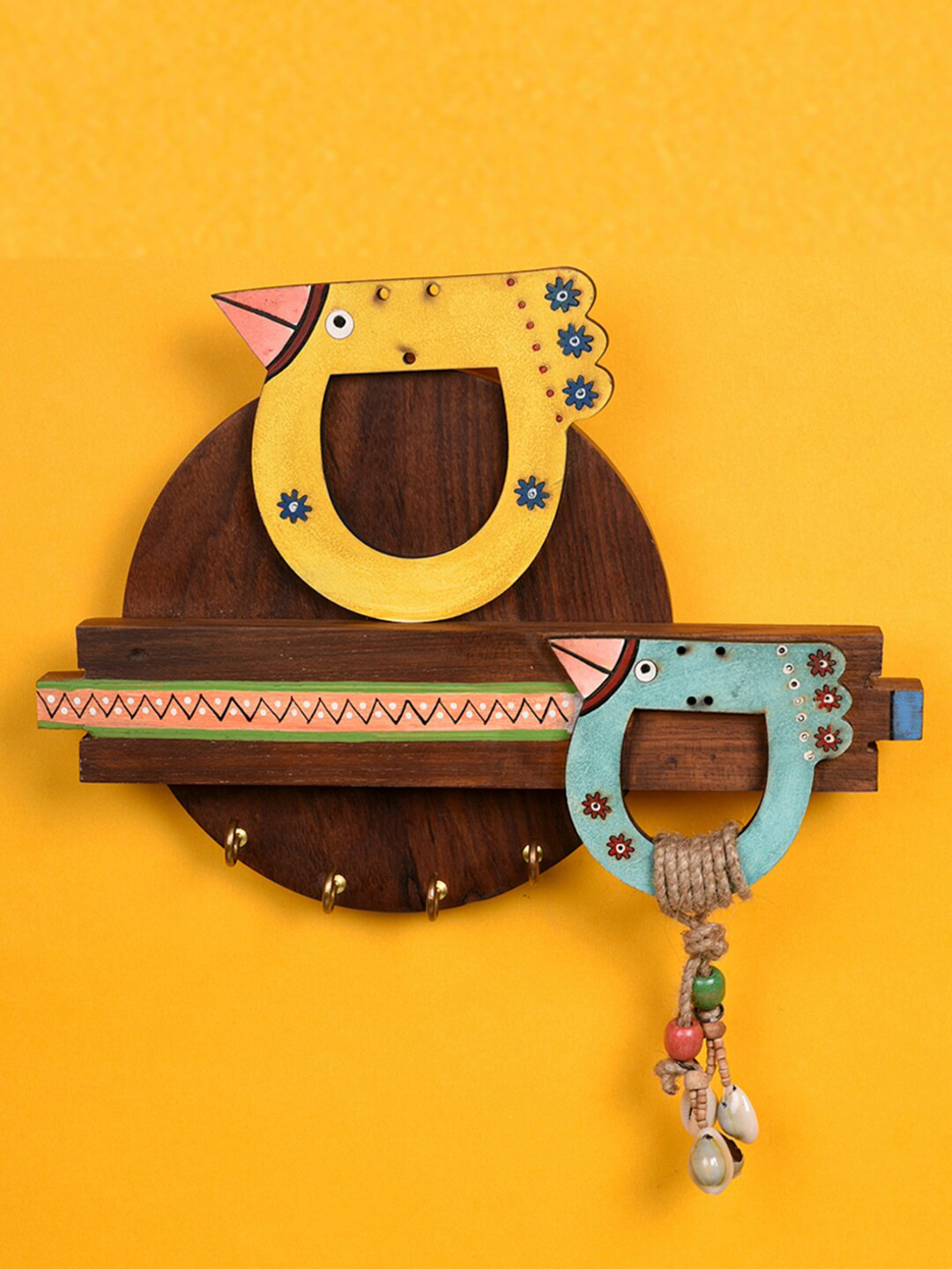 AAKRITI ART CREATIONS Brown Handcrafted Tribal Art Bird Key Holder With 4 Hooks