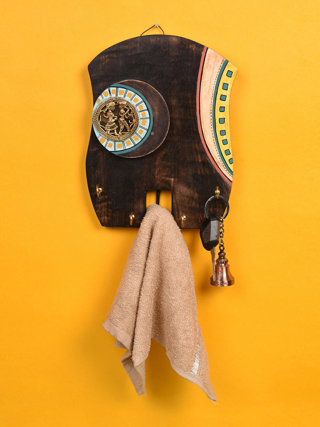 AAKRITI ART CREATIONS Brown Handcrafted Tribal Art Key Holder With 5 Hooks