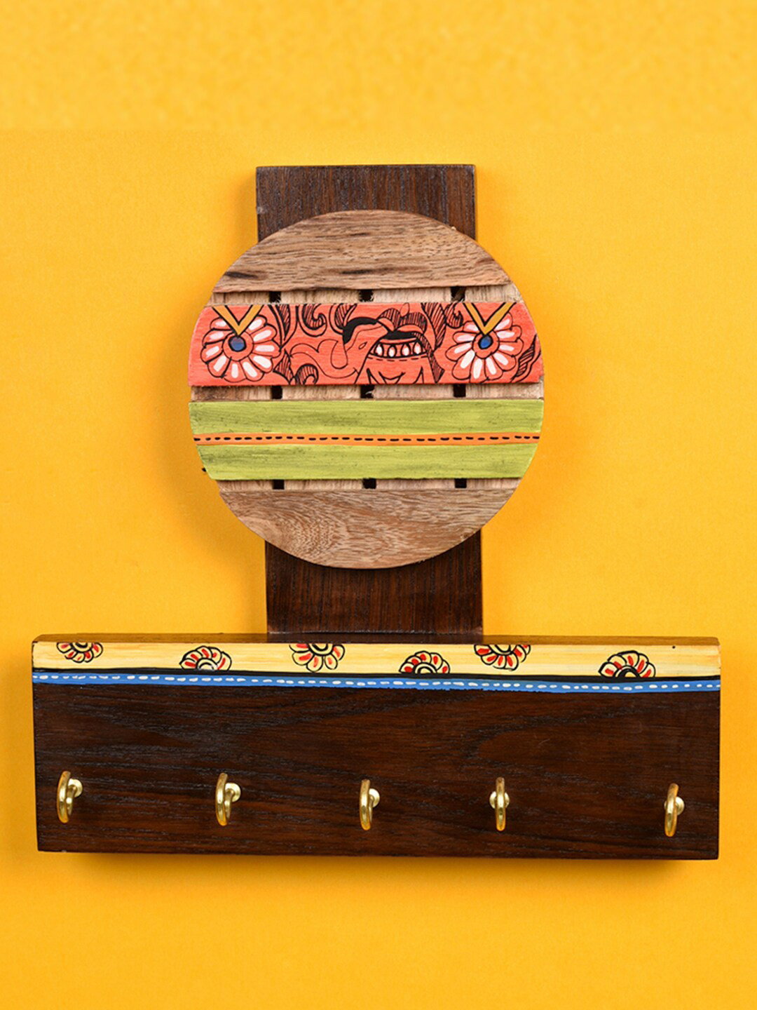 AAKRITI ART CREATIONS Brown Handcrafted Madhubani Key Holder With 5 Hooks