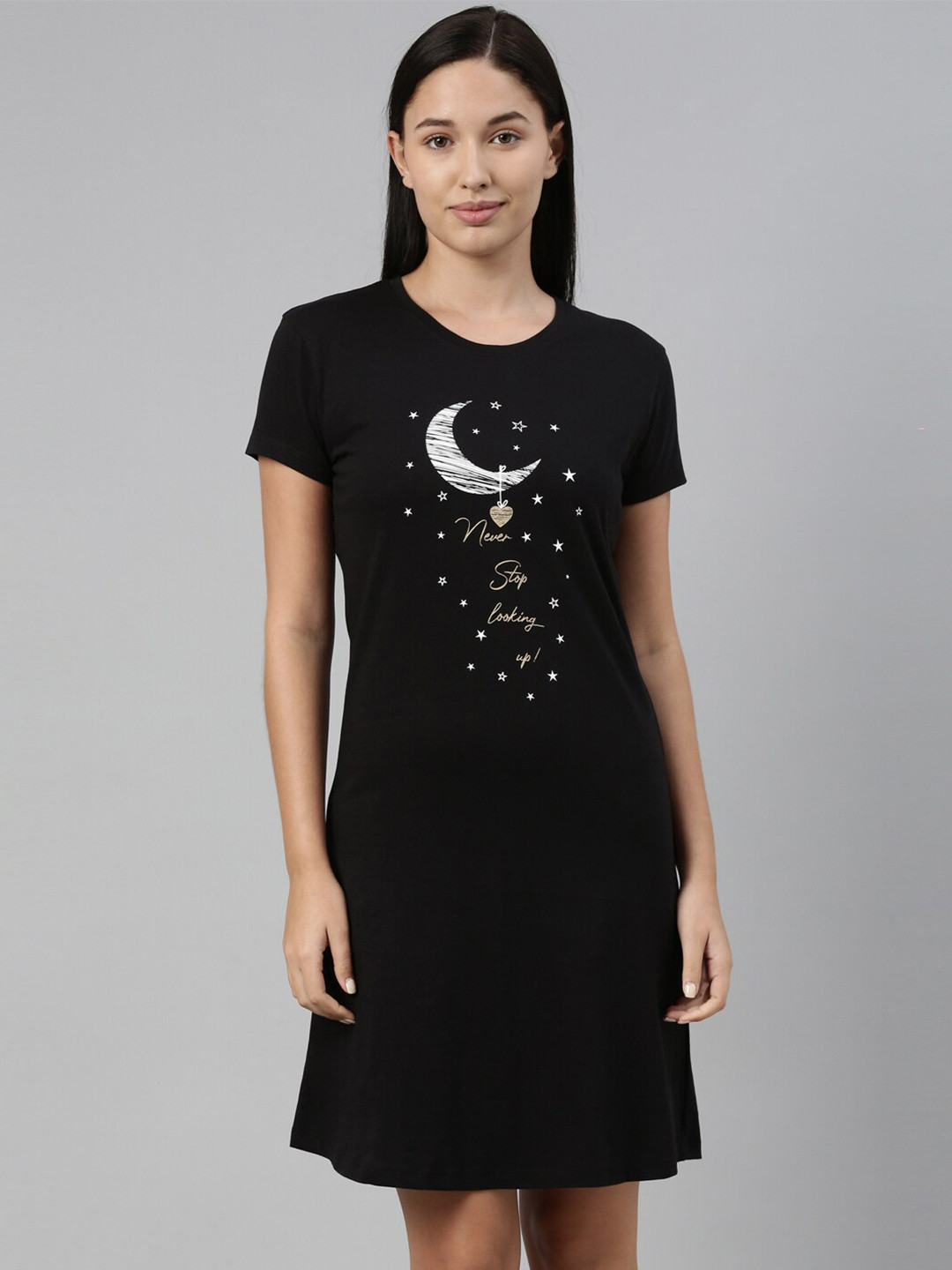 TWIN BIRDS Women Black Printed Nightdress 1924-LT0007