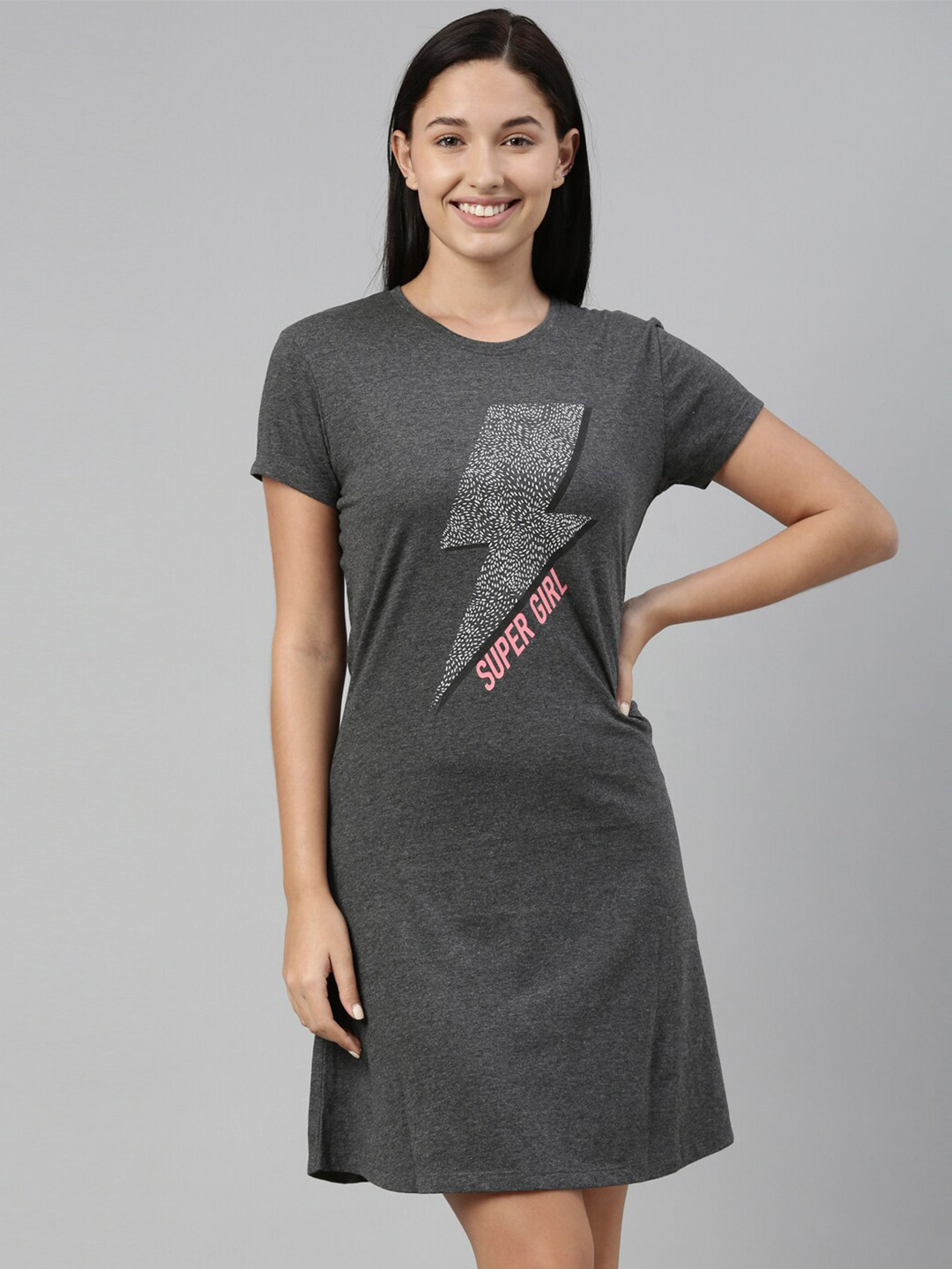 TWIN BIRDS Grey Melange Printed Pure Cotton Nightdress